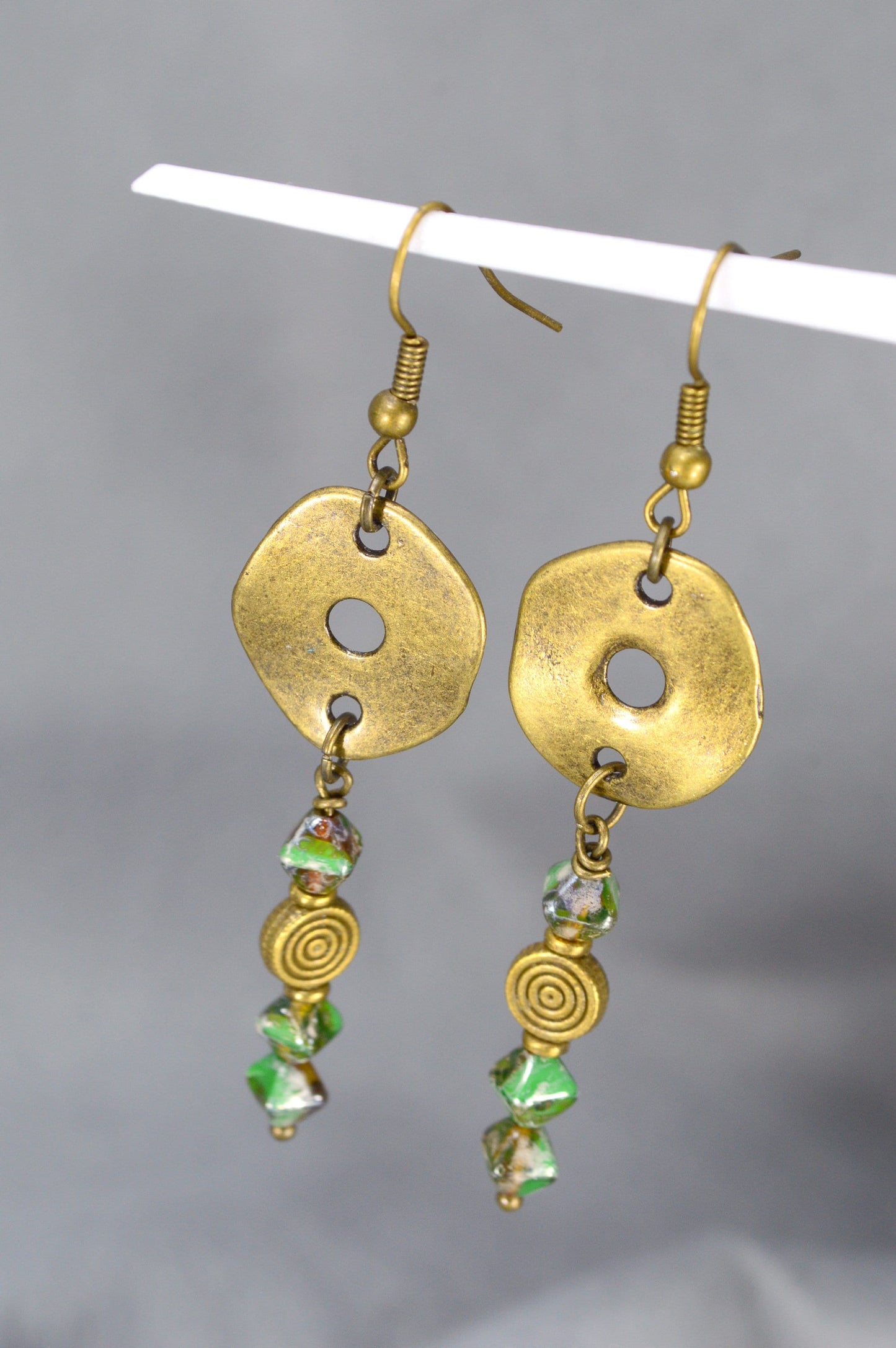 Bohemian Bronze Earrings with Czech Glass Beads by Estibela Design – Unique, Vintage, Ethnic, Artistic, Green Bicone Beads. 6.5cm - 2.5"