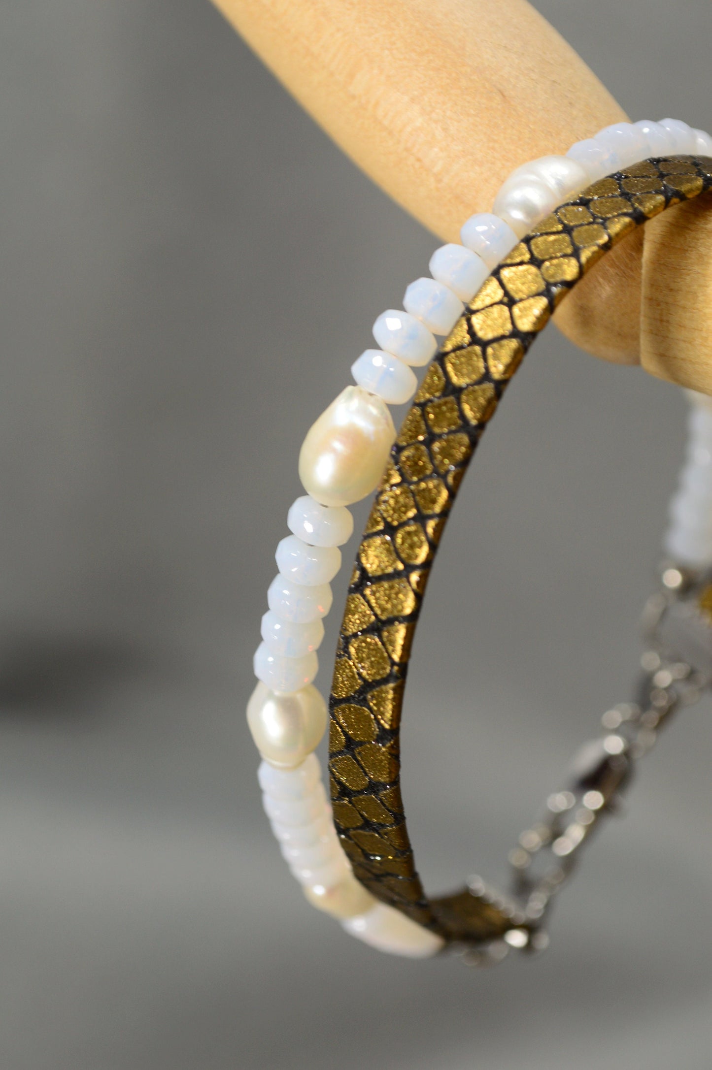 Leather Cord and Snake Skin Effect, Golden Sheen, Stone Beads, Freshwater Pearls, Elegant, Unique, Luxury Gift Accessory. Estibela design.