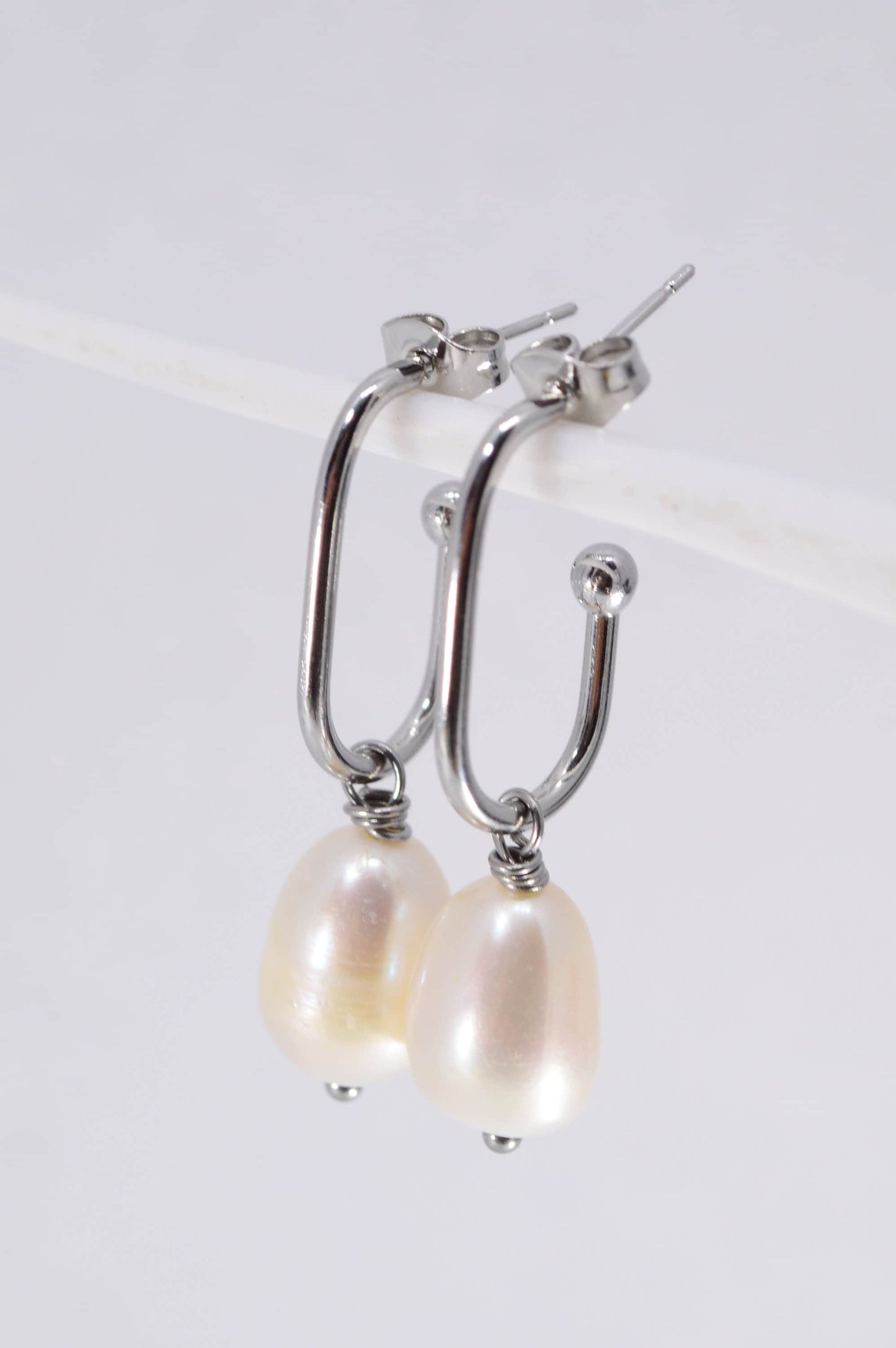 Stainless Steel Stud Earrings with Large Freshwater Pearl Bead – Handmade Elegant Jewelry by Estibela Design -  3.5 cm - 1.4"