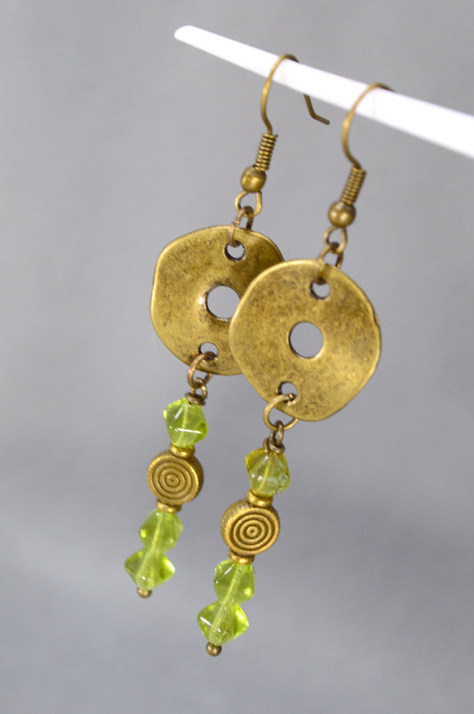 Bohemian Bronze Earrings with Czech Glass Beads by Estibela Design – Unique, Vintage, Ethnic, Artistic, Green Bicone Beads. 6.5cm - 2.5"