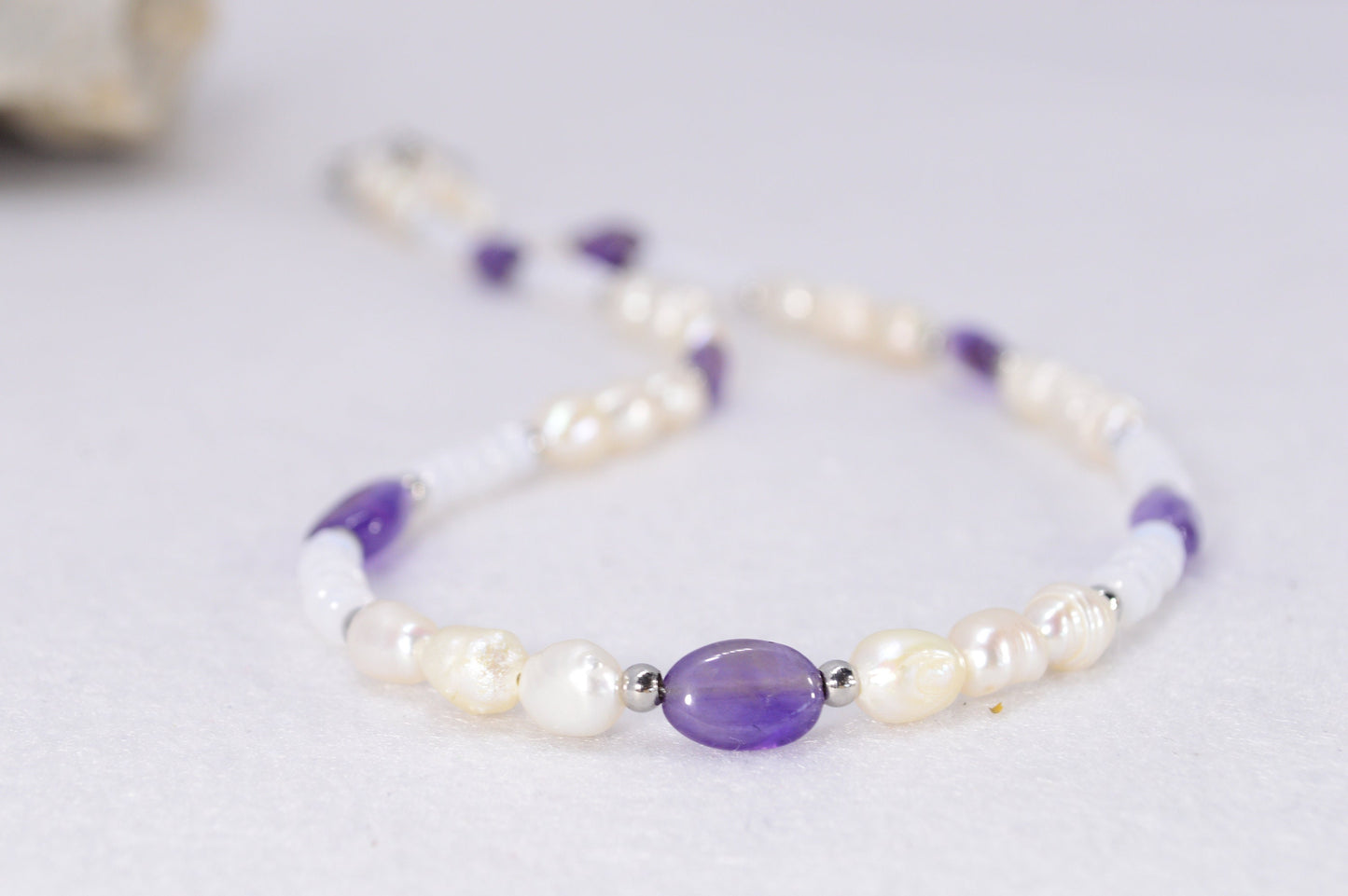 Unique Handmade Jewelry with Amethyst, Freshwater Pearls, and Clear Quartz - Estibela Design. 43cm -  17"