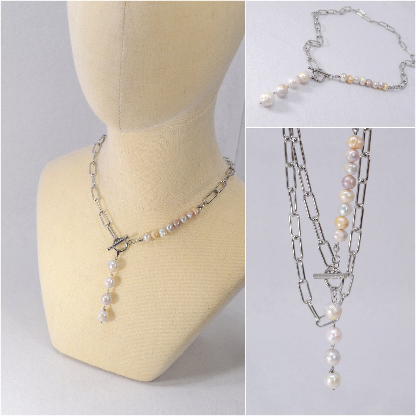 Baroque Pearls Boho Necklace. Ethereal Radiance: Boho Pearl Cascade Necklace in Stainless Steel.