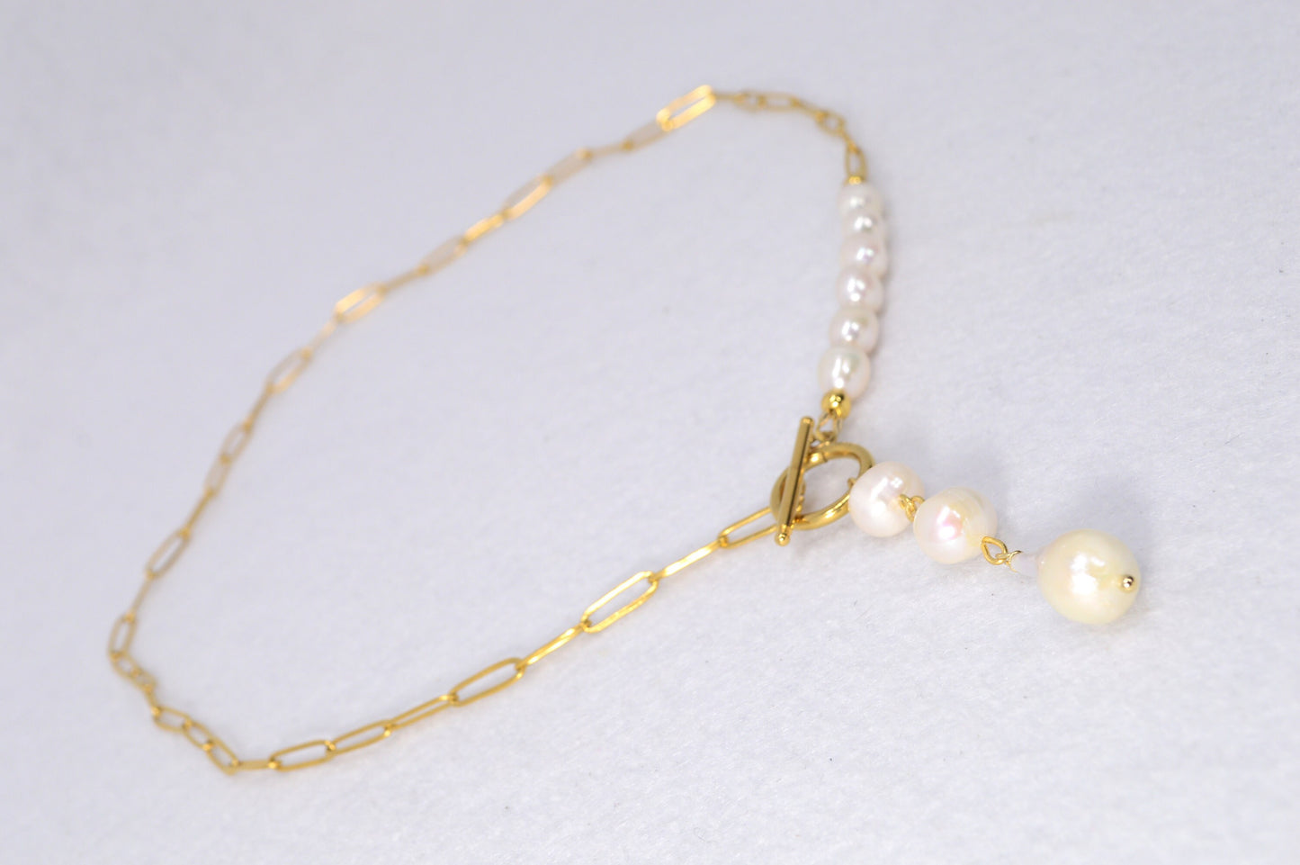 Ibiza Elegance: Pearl Cascade Necklace. Boho-Chic Ibiza-Inspired Handmade Stainless Steel Necklace with Freshwater Pearls.