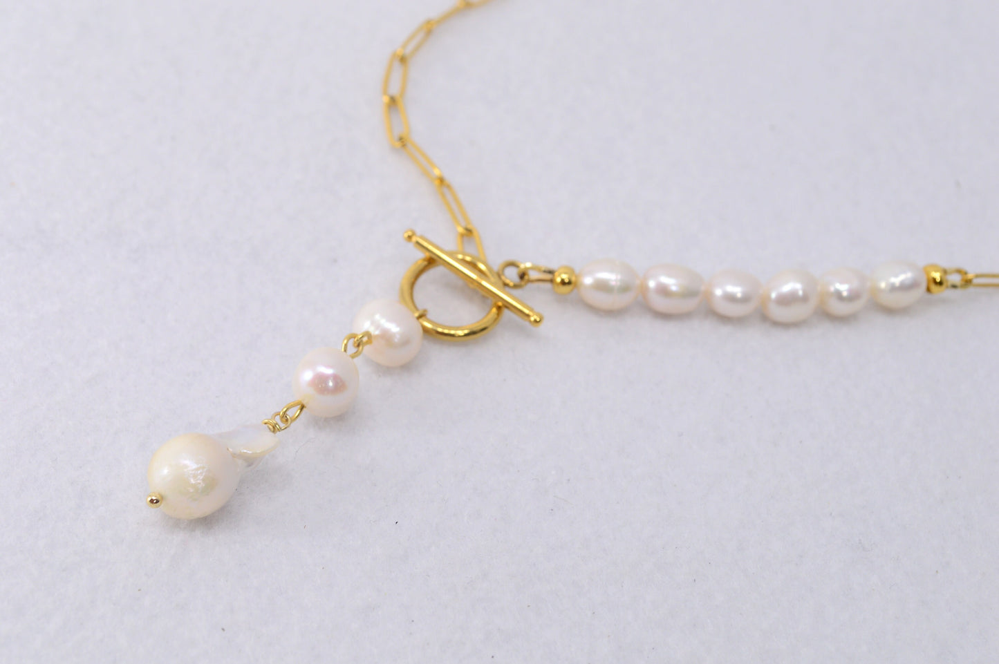 Ibiza Elegance: Pearl Cascade Necklace. Boho-Chic Ibiza-Inspired Handmade Stainless Steel Necklace with Freshwater Pearls.