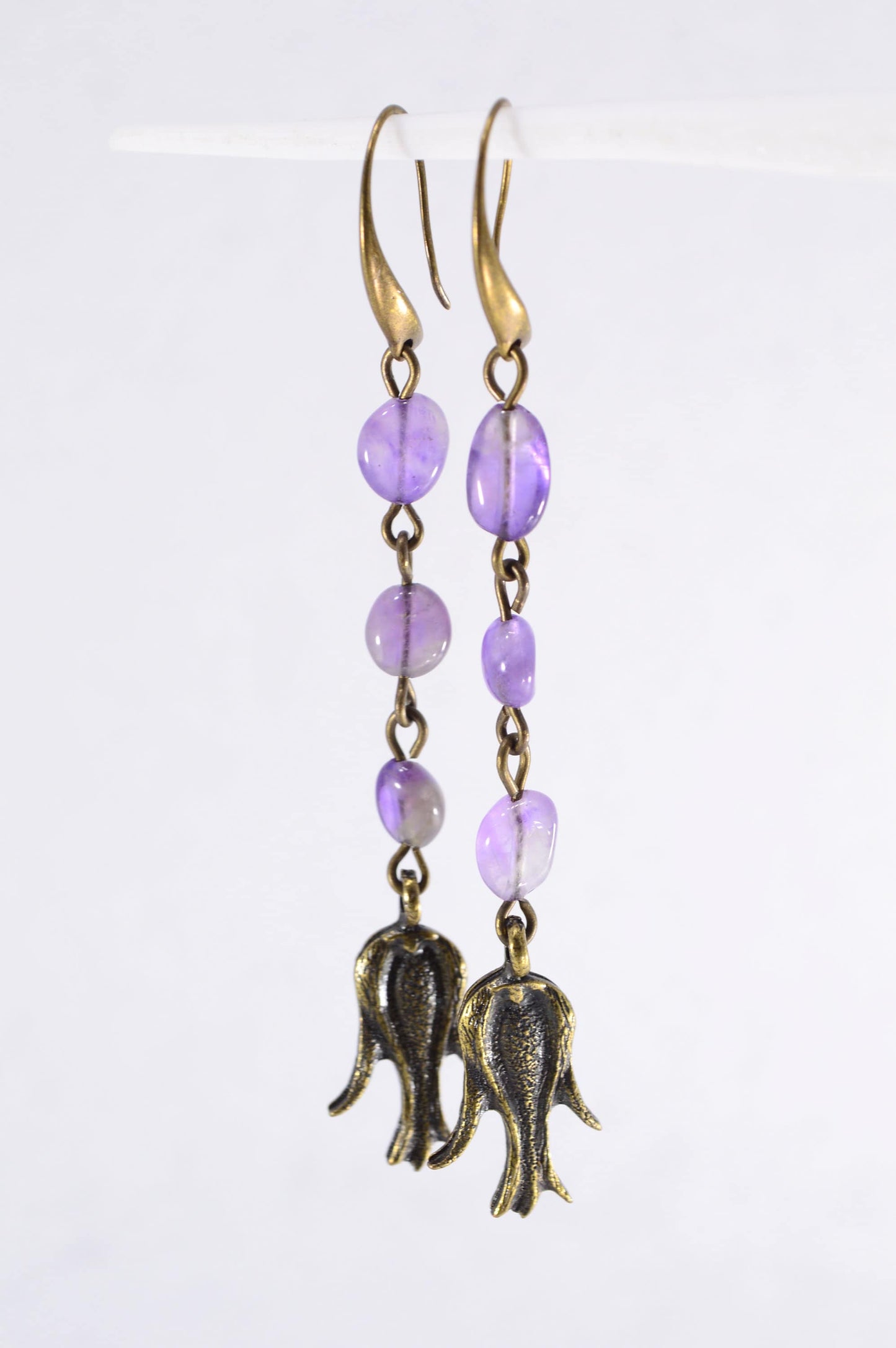 Boho Chic Amethyst Earrings with Bronze Lotus Flower – Handmade, Elegant Design for Women. Long Delicate Earrings. 8cm - 3"