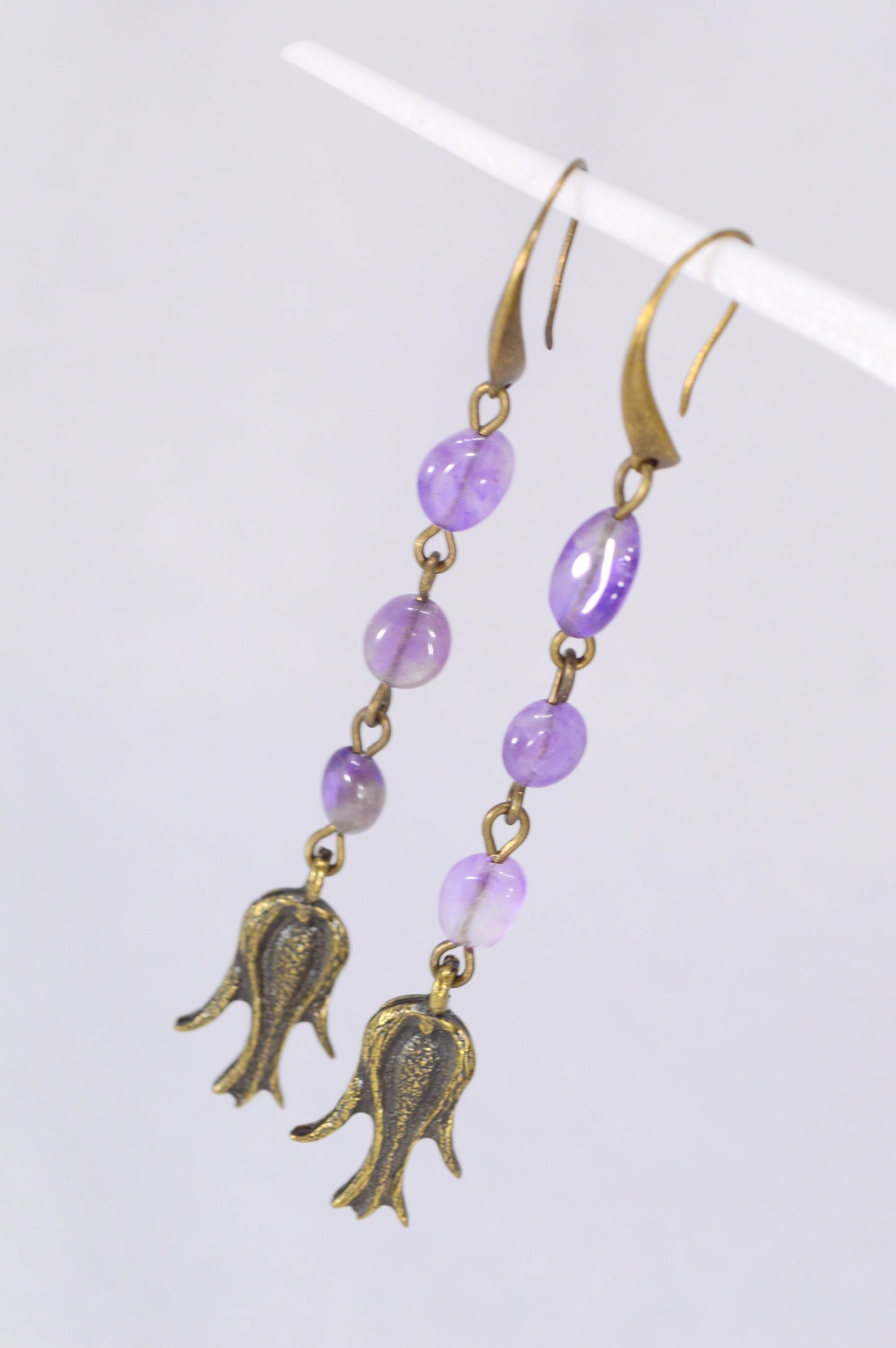 Boho Chic Amethyst Earrings with Bronze Lotus Flower – Handmade, Elegant Design for Women. Long Delicate Earrings. 8cm - 3"