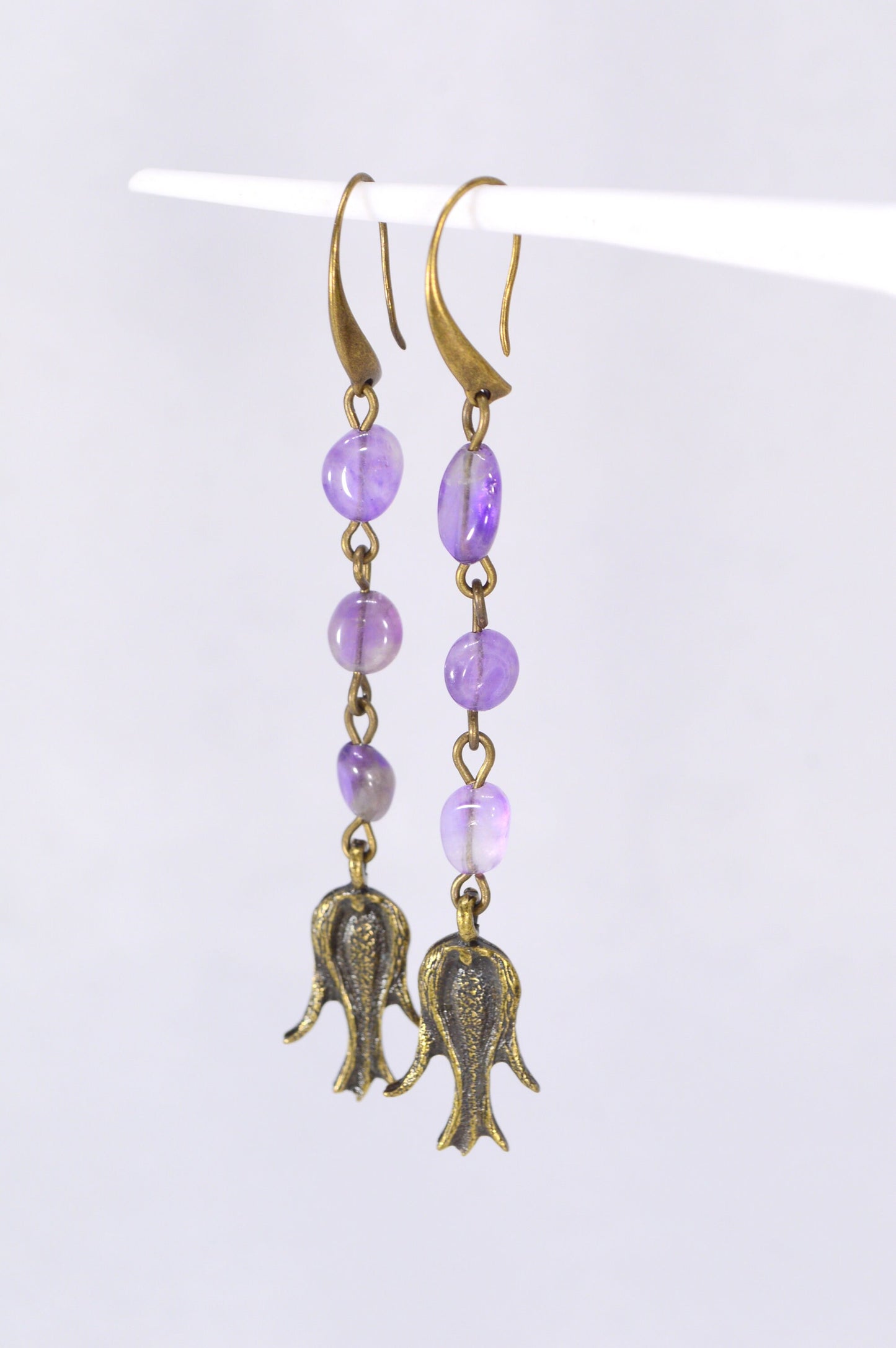 Boho Chic Amethyst Earrings with Bronze Lotus Flower – Handmade, Elegant Design for Women. Long Delicate Earrings. 8cm - 3"