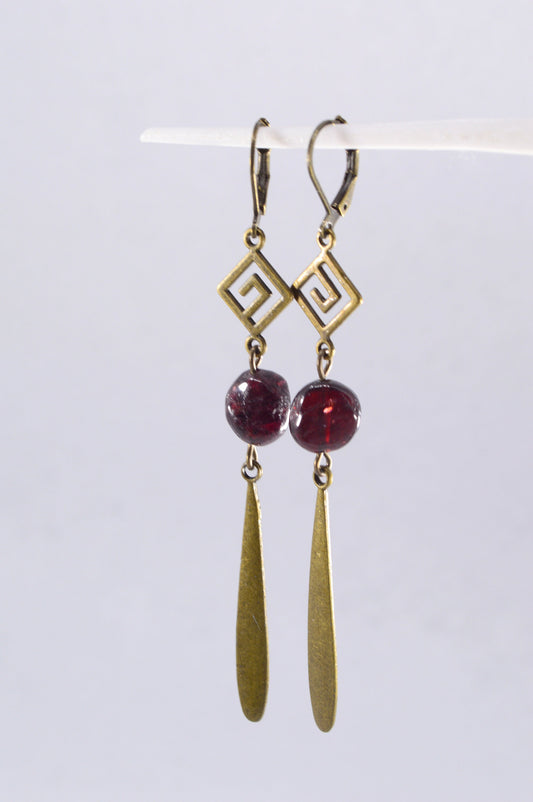 Long Vintage-Inspired Bronze Earrings with Garnet or Aquamarine Stones - Unique Handmade Jewelry by Estibela Design. 9cm - 3.5"