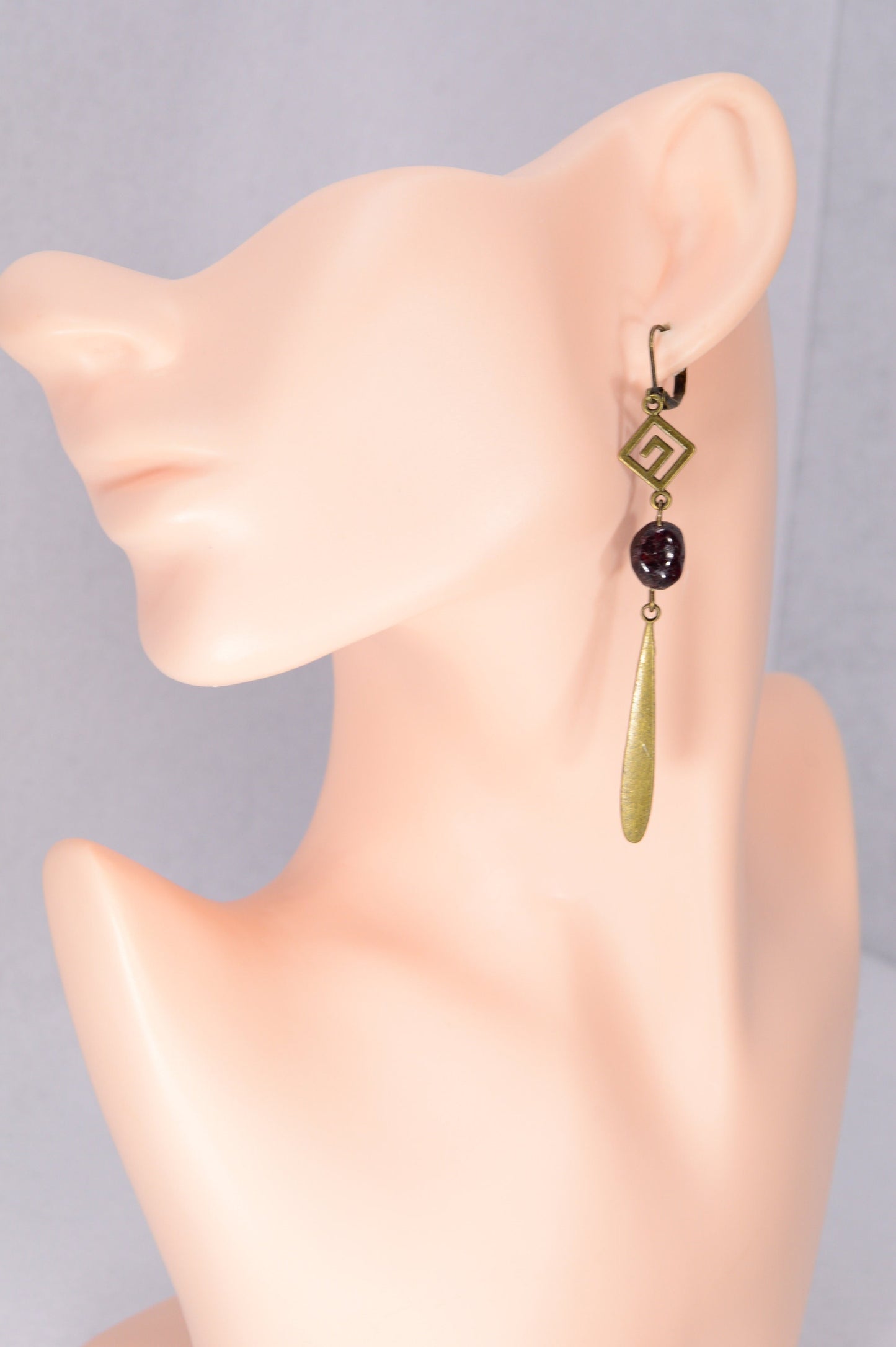 Long Vintage-Inspired Bronze Earrings with Garnet or Aquamarine Stones - Unique Handmade Jewelry by Estibela Design. 9cm - 3.5"