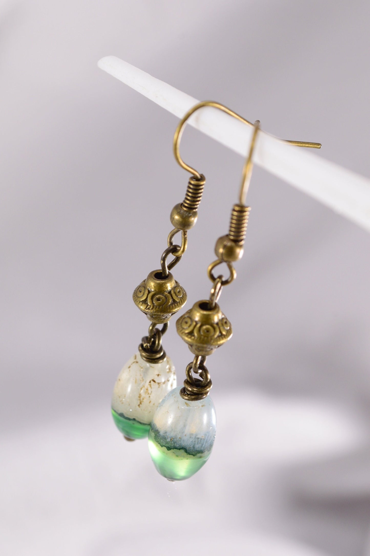 Baroque Bronze Earrings with Green-White Agate Stones. Victorian-Inspired Earrings with Luxurious Gemstone Touches. 4.5cm - 1,75"