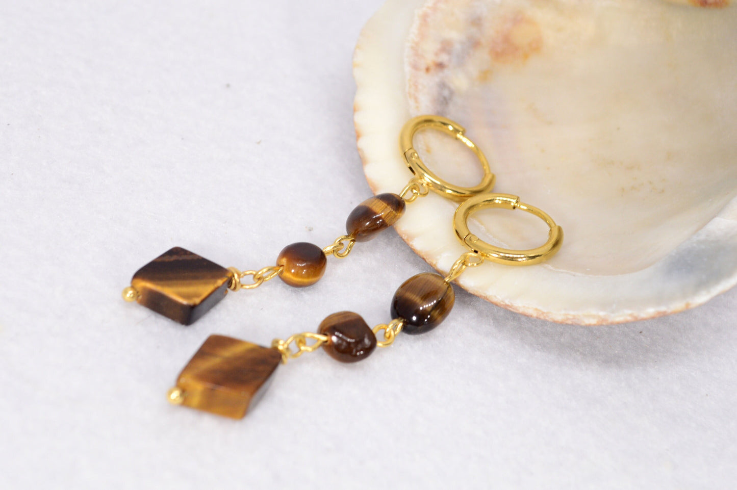 Tiger's Eye Bead Earrings with Stainless Steel Hooks, Featuring Cascading Irregular Shapes and Rhombus Design. Estibela. 6cm - 2.2"