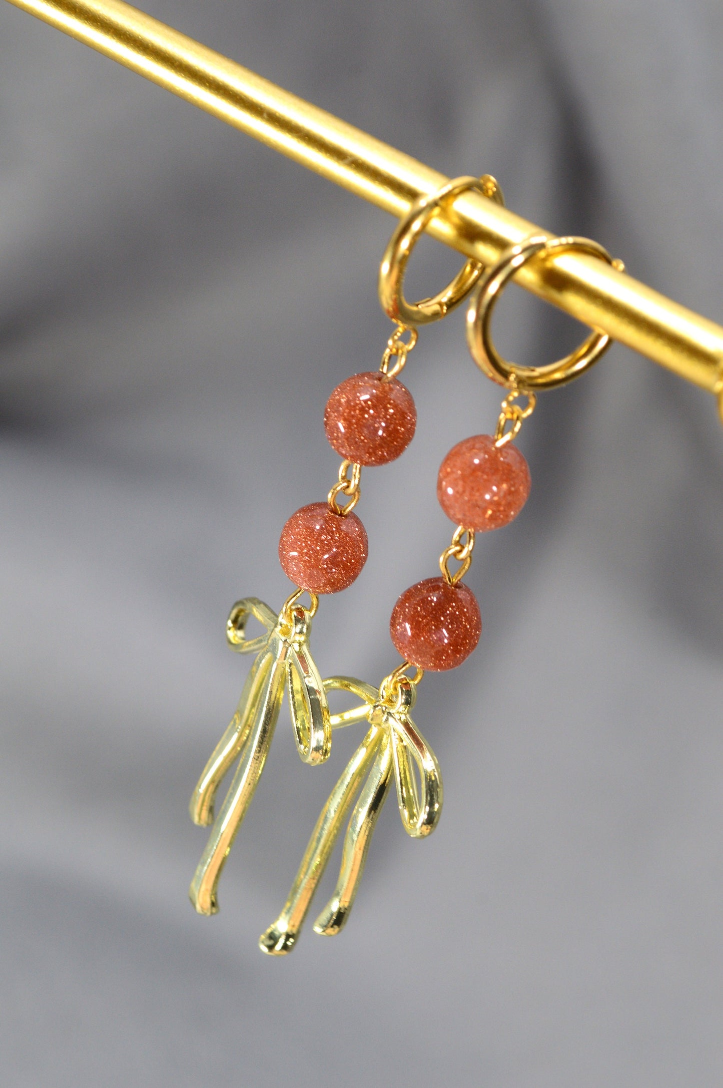 Radiant Elegance Aventurine Earrings. Handmade Aventurine  Earrings with Gold Bow. Elegant Chic  Romantic  Earrings.  7cm - 2.8"