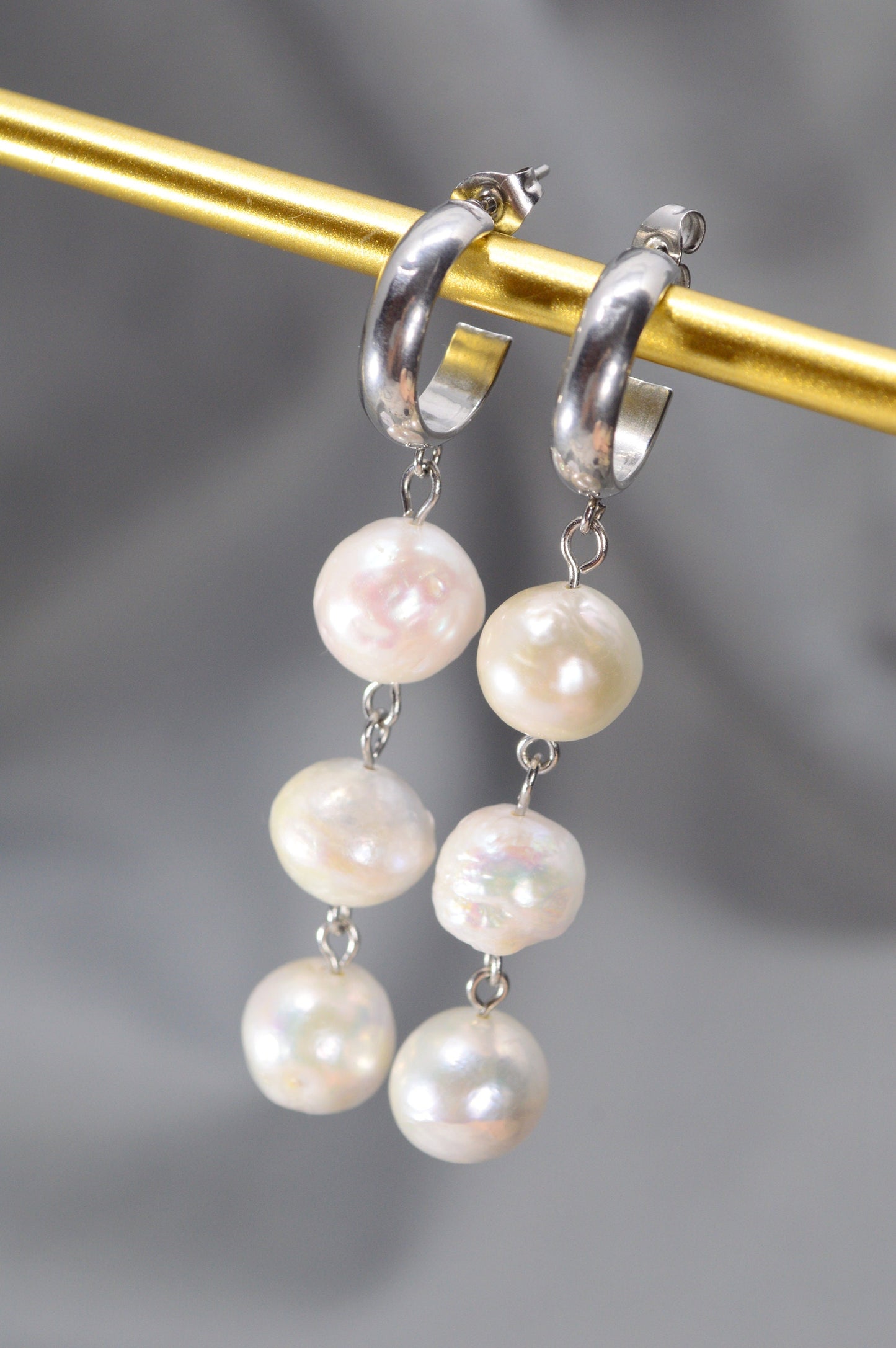 Baroque Freshwater Pearl Stud Earrings with Cascading Round Pearls - Boho Wedding Jewelry, 6.1cm - 2.3"