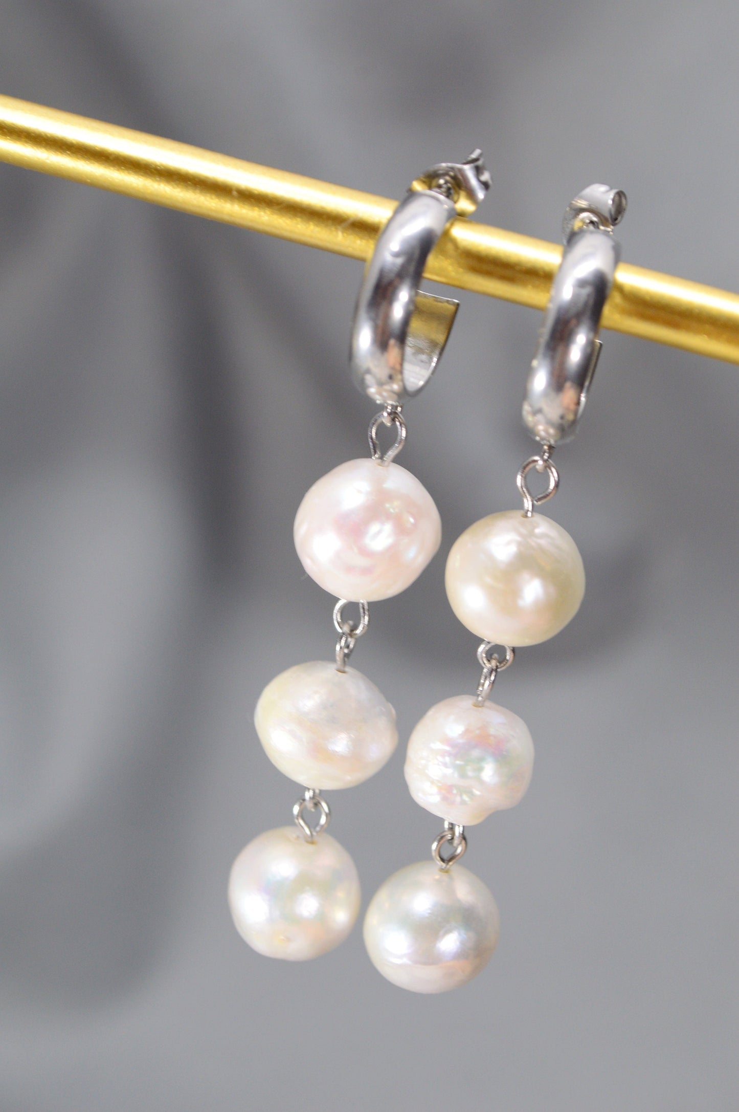 Baroque Freshwater Pearl Stud Earrings with Cascading Round Pearls - Boho Wedding Jewelry, 6.1cm - 2.3"