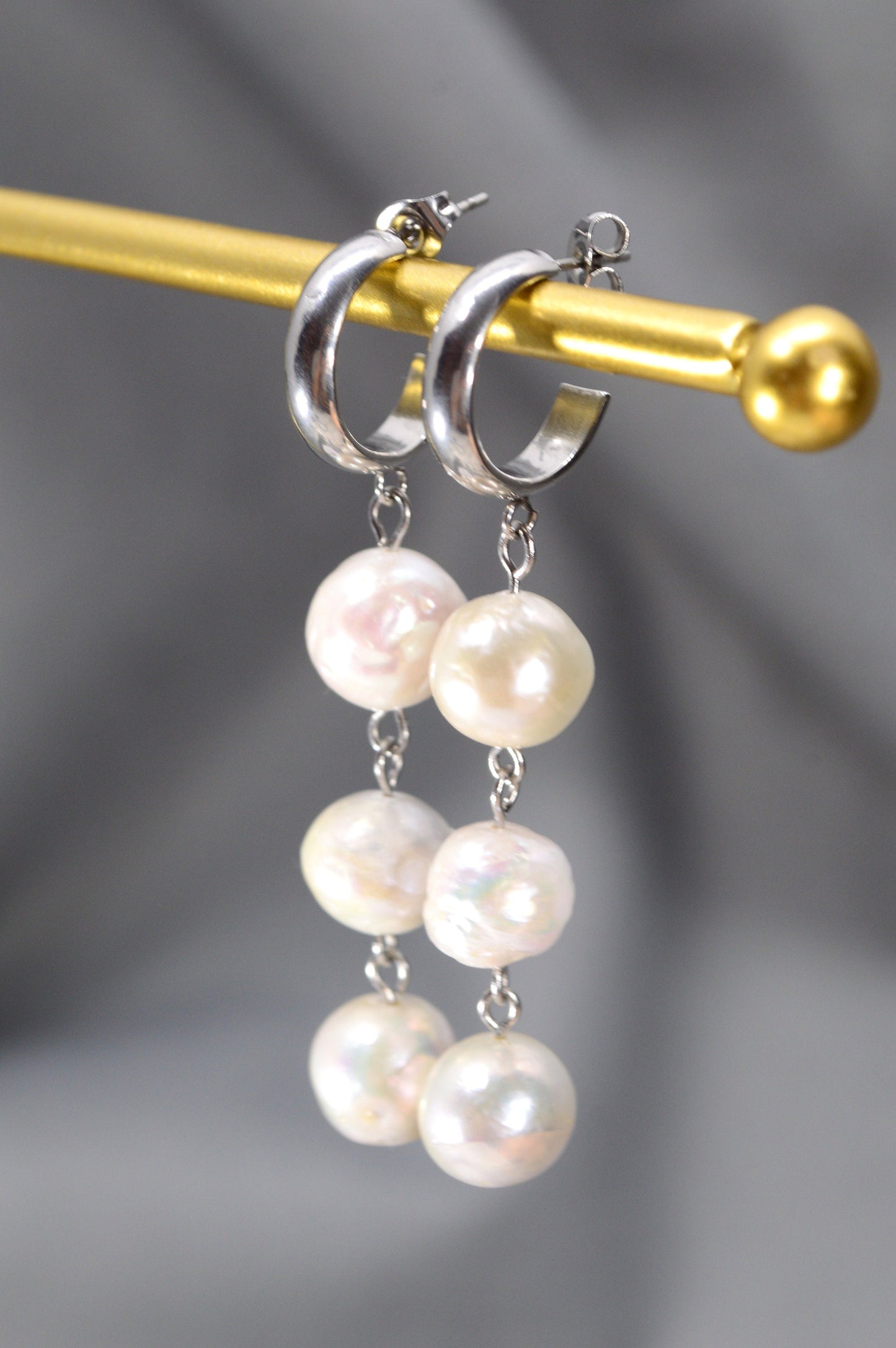 Baroque Freshwater Pearl Stud Earrings with Cascading Round Pearls - Boho Wedding Jewelry, Classic Bridal Accessory, 6.1cm - 2.3"