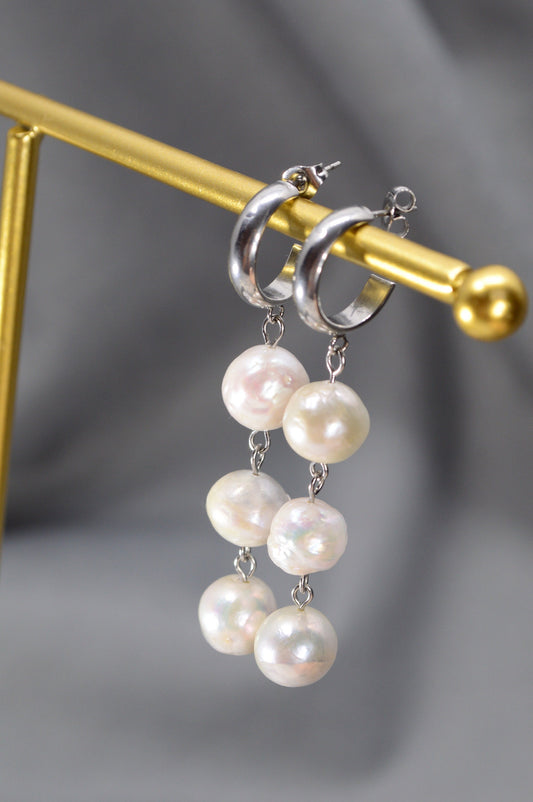 Baroque Freshwater Pearl Stud Earrings with Cascading Round Pearls - Boho Wedding Jewelry, 6.1cm - 2.3"