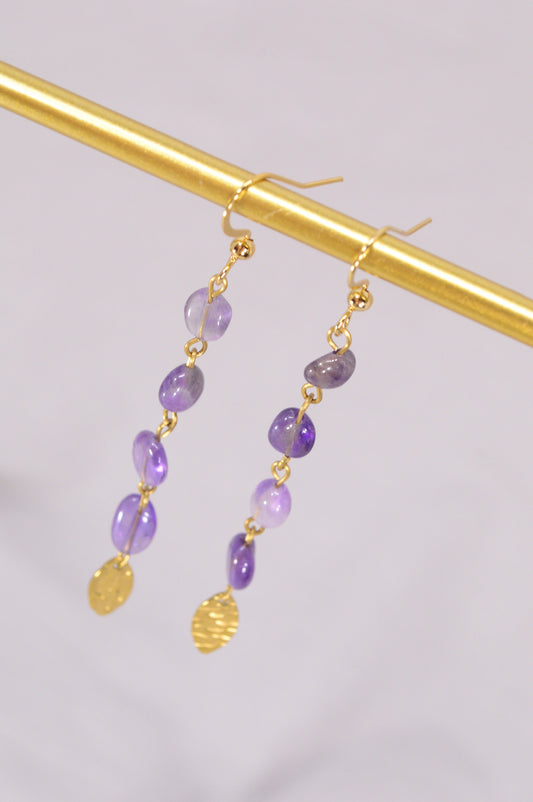 Long Amethyst stone cascade earrings, teardrop gold plated stainless steel earrings 8cm - 3.1"