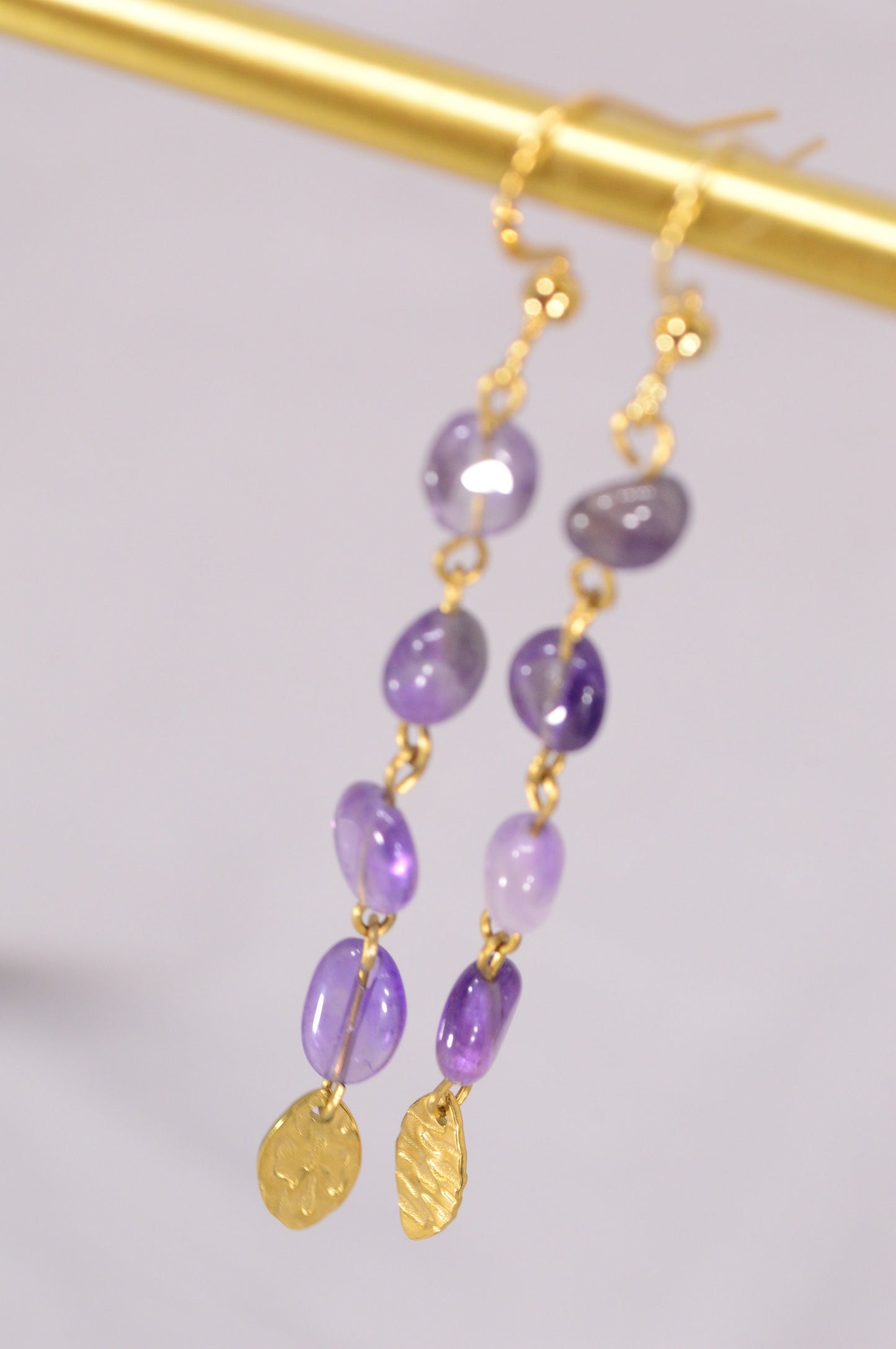 Long Amethyst stone cascade earrings, teardrop gold plated stainless steel earrings 8cm - 3.1"