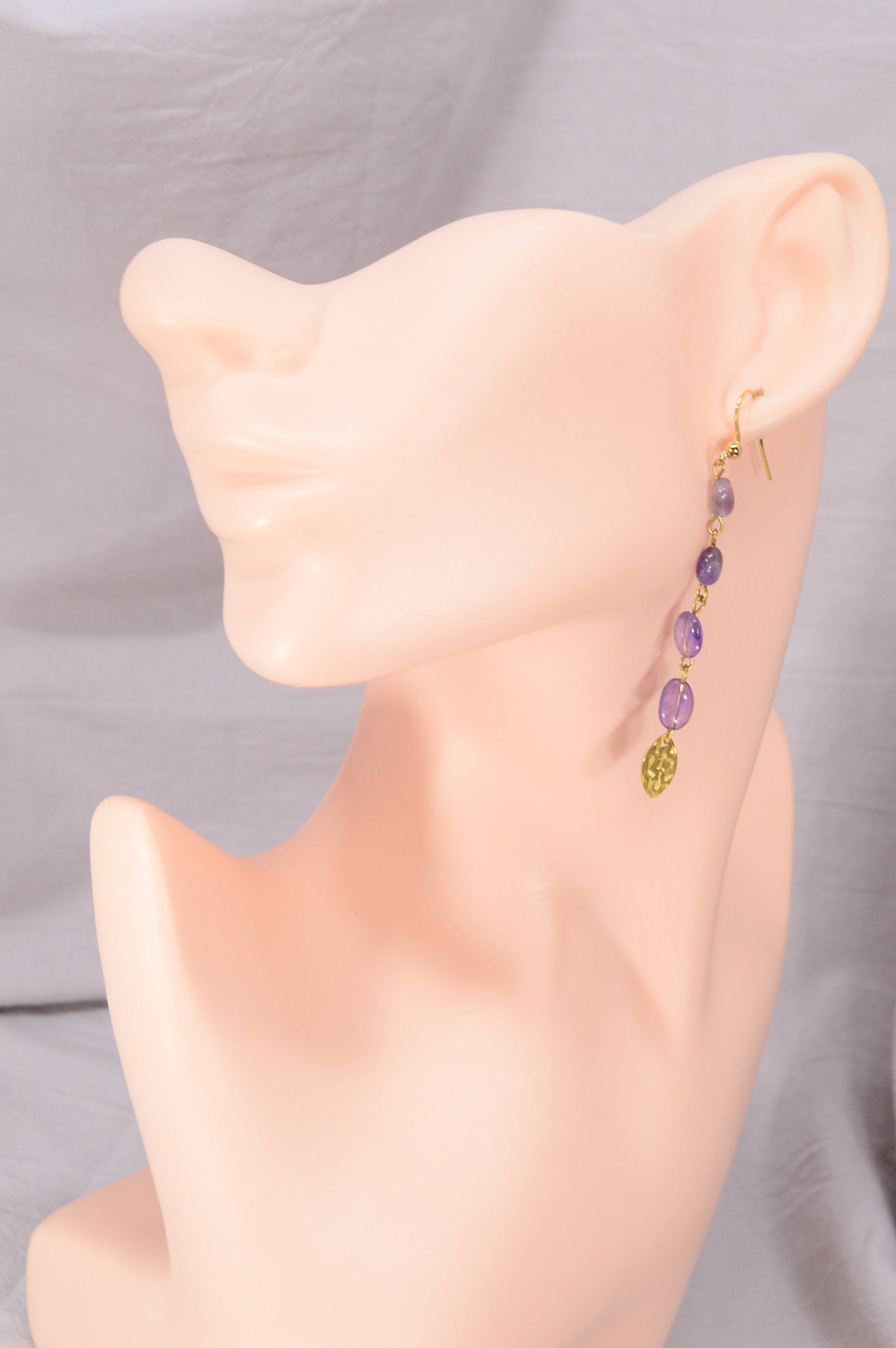 Long Amethyst stone cascade earrings, teardrop gold plated stainless steel earrings 8cm - 3.1"