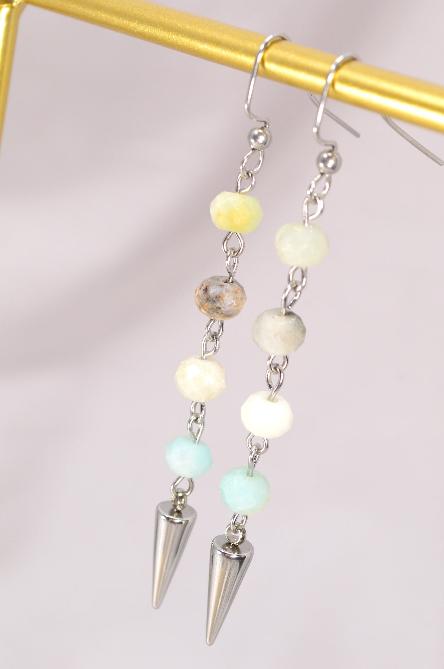 Amazonite stone spike earrings, Long stainless steel earrings, 7,5cm 3", Estibela design. Light blue delicate earrings.