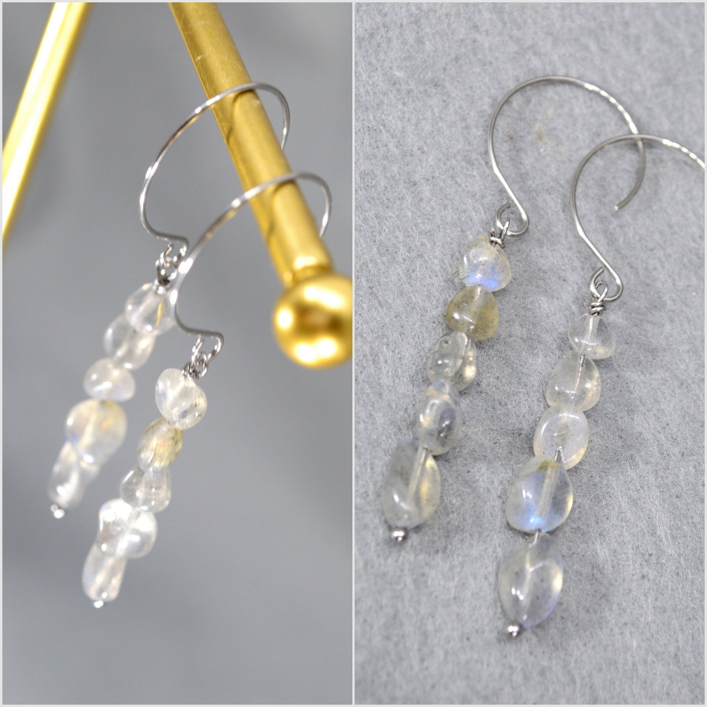 Labradorite earrings for a trendy boho look. Labradorite's impact on zodiac signs: Pisces, Scorpio, Leo, Cancer.Estibela design 6.5cm - 2.5"