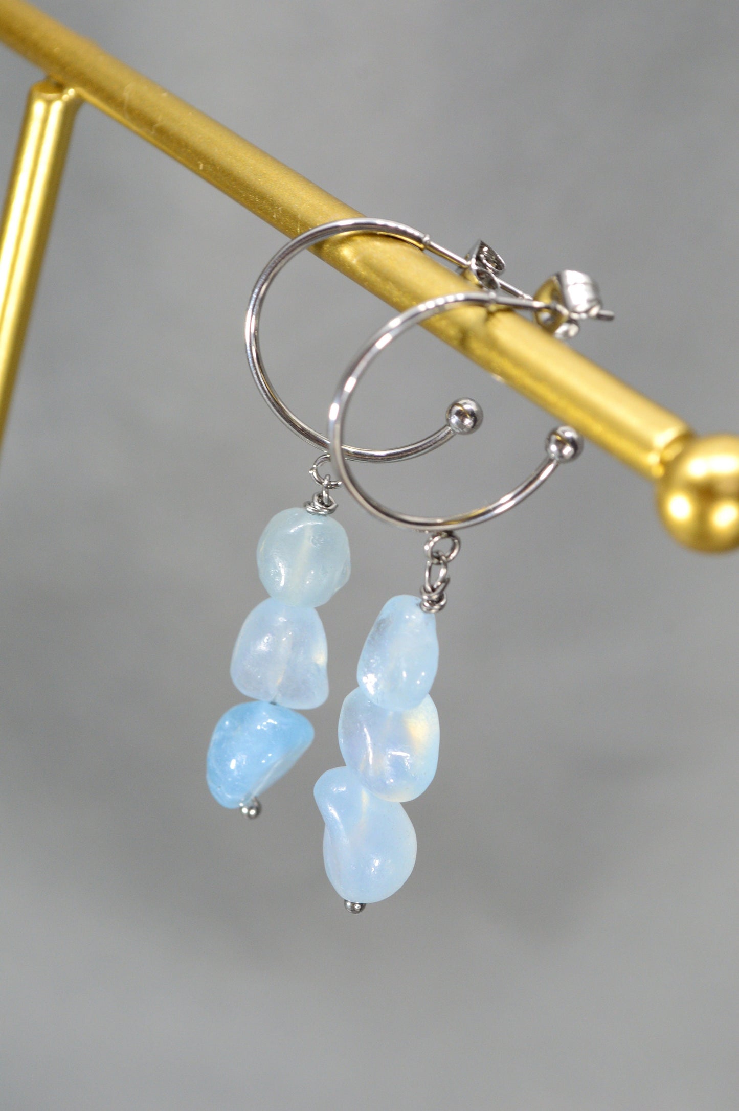 Aquamarine earrings. Trendy accessories with unique stones for everyday wear. Elegant boho chic earrings by Estibela. 5.5cm - 2.1"