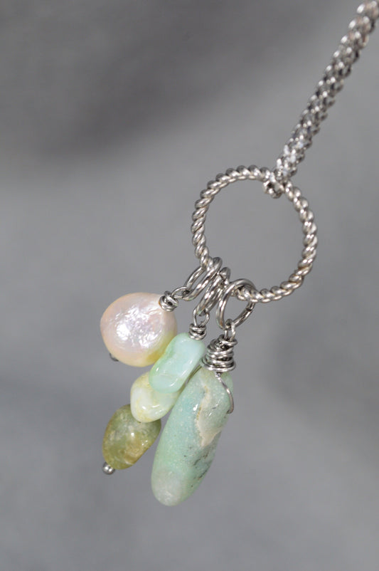 Artisan-crafted pendant featuring amazonite,  baroque pearl – versatile accessory blending boho, ethnic, and vintage look.