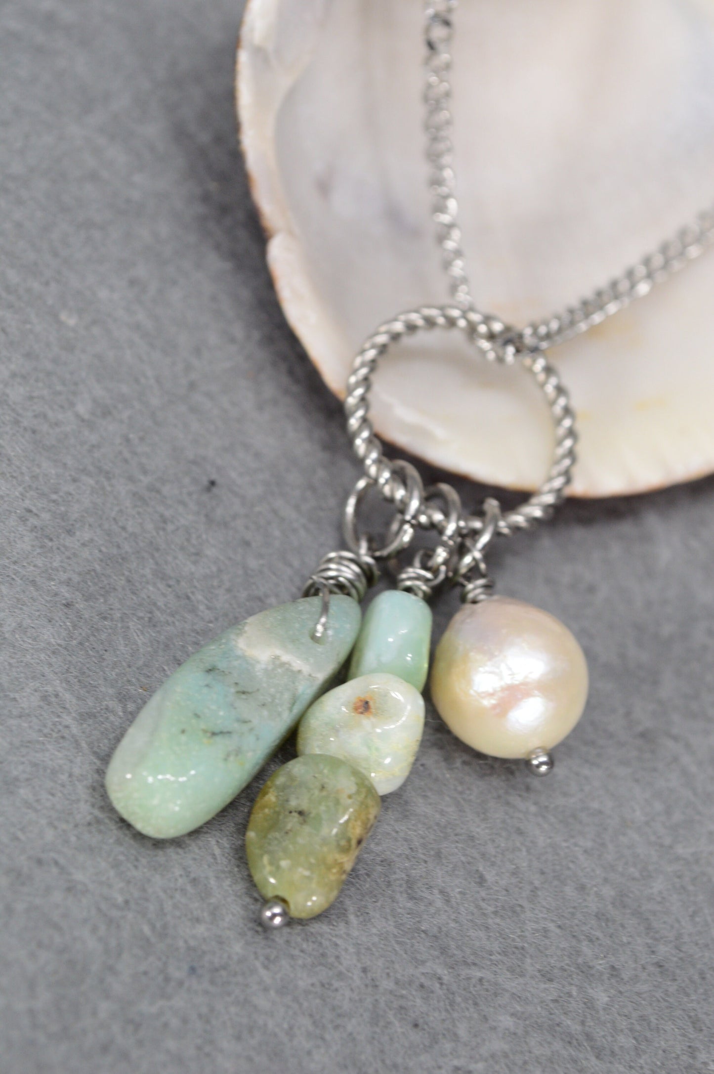 Artisan-crafted pendant featuring amazonite,  baroque pearl – versatile accessory blending boho, ethnic, and vintage look.