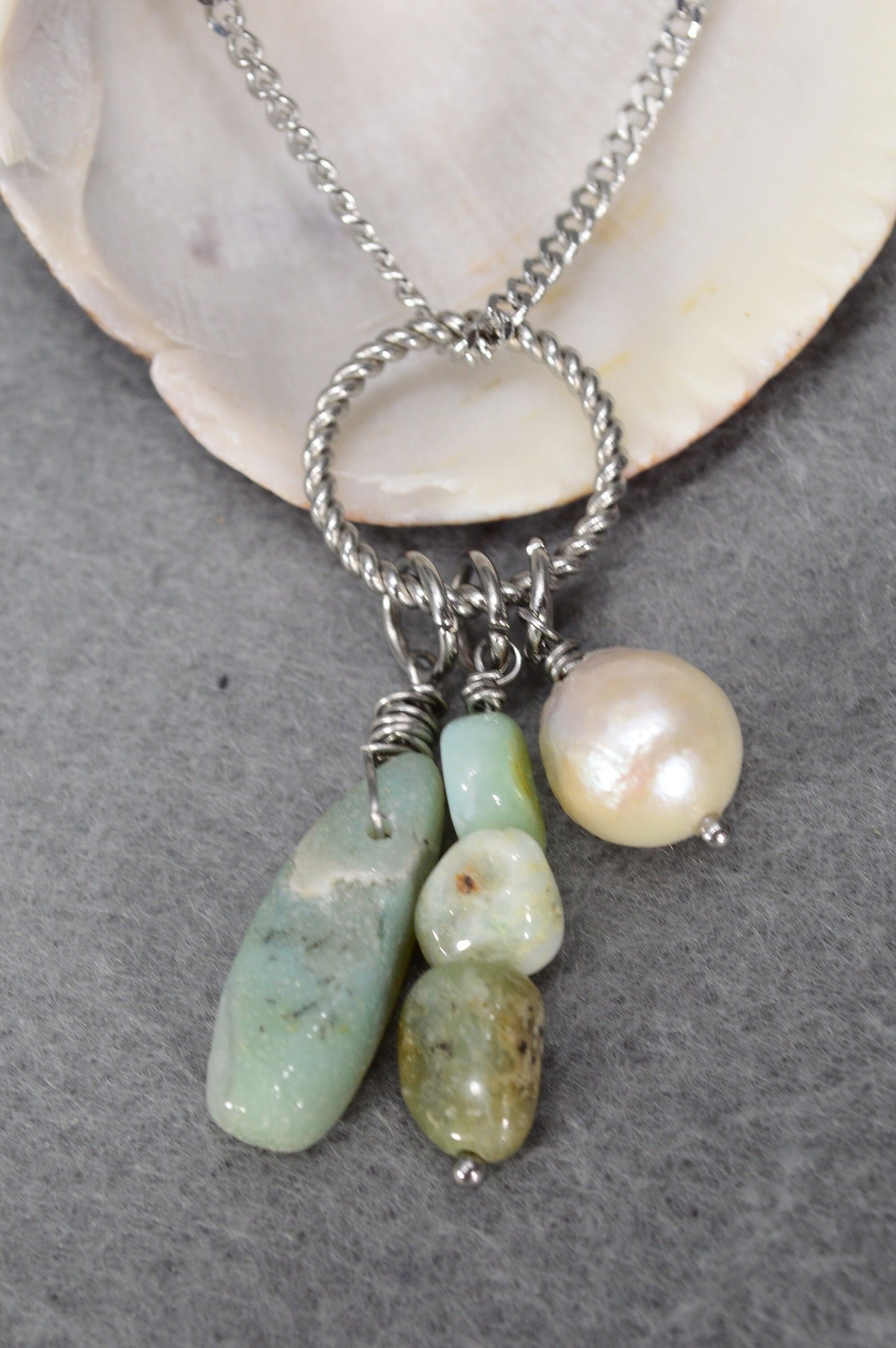 Artisan-crafted pendant featuring amazonite,  baroque pearl – versatile accessory blending boho, ethnic, and vintage look.