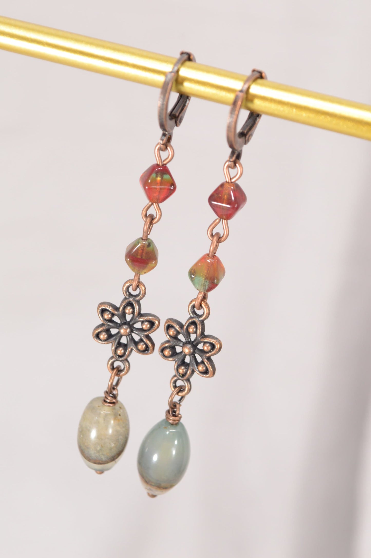 Enchanted Royal Cascade Earrings, Copper and agate earrings, One-of-a-kind floral earrings, Green and red cascade earrings, 7cm - 2.8"