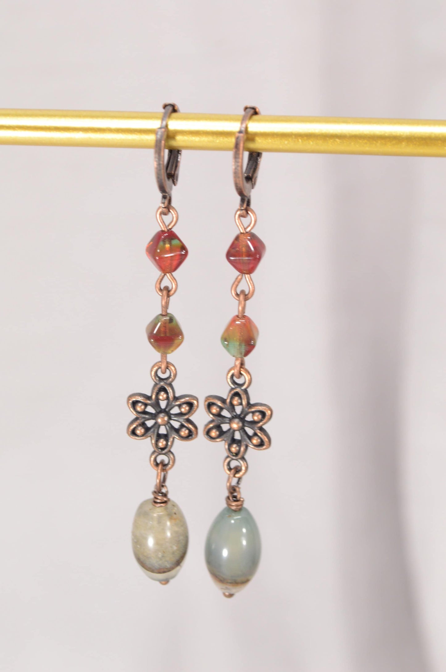 Enchanted Royal Cascade Earrings, Copper and agate earrings, One-of-a-kind floral earrings, Green and red cascade earrings, 7cm - 2.8"