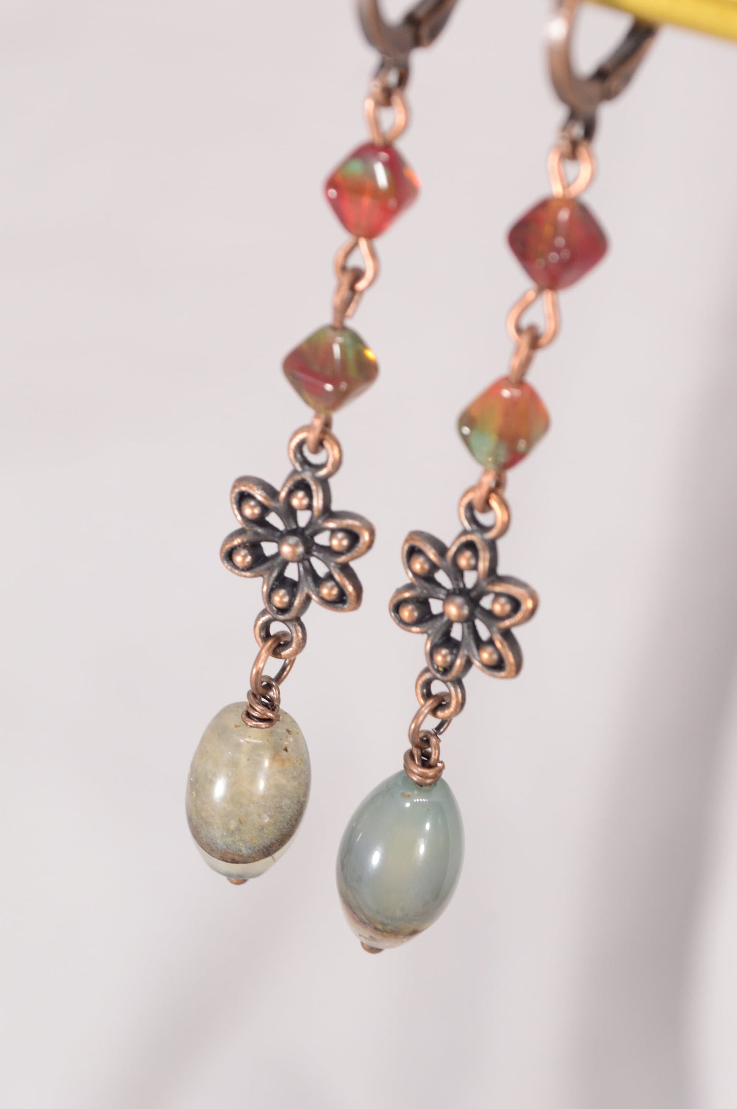 Enchanted Royal Cascade Earrings, Copper and agate earrings, One-of-a-kind floral earrings, Green and red cascade earrings, 7cm - 2.8"