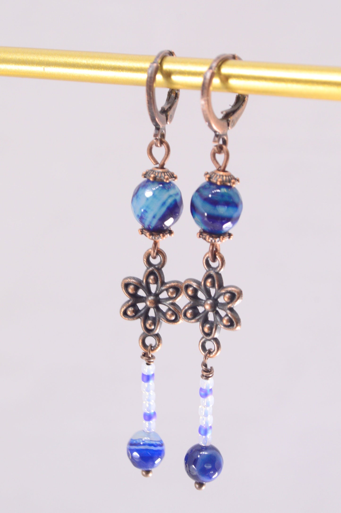 Unique Vintage Fantasy Boho Earrings with Elegant Floral Design, Handmade Agate and Czech Glass Beads. Estibela design. 6.5 cm - 2.4"