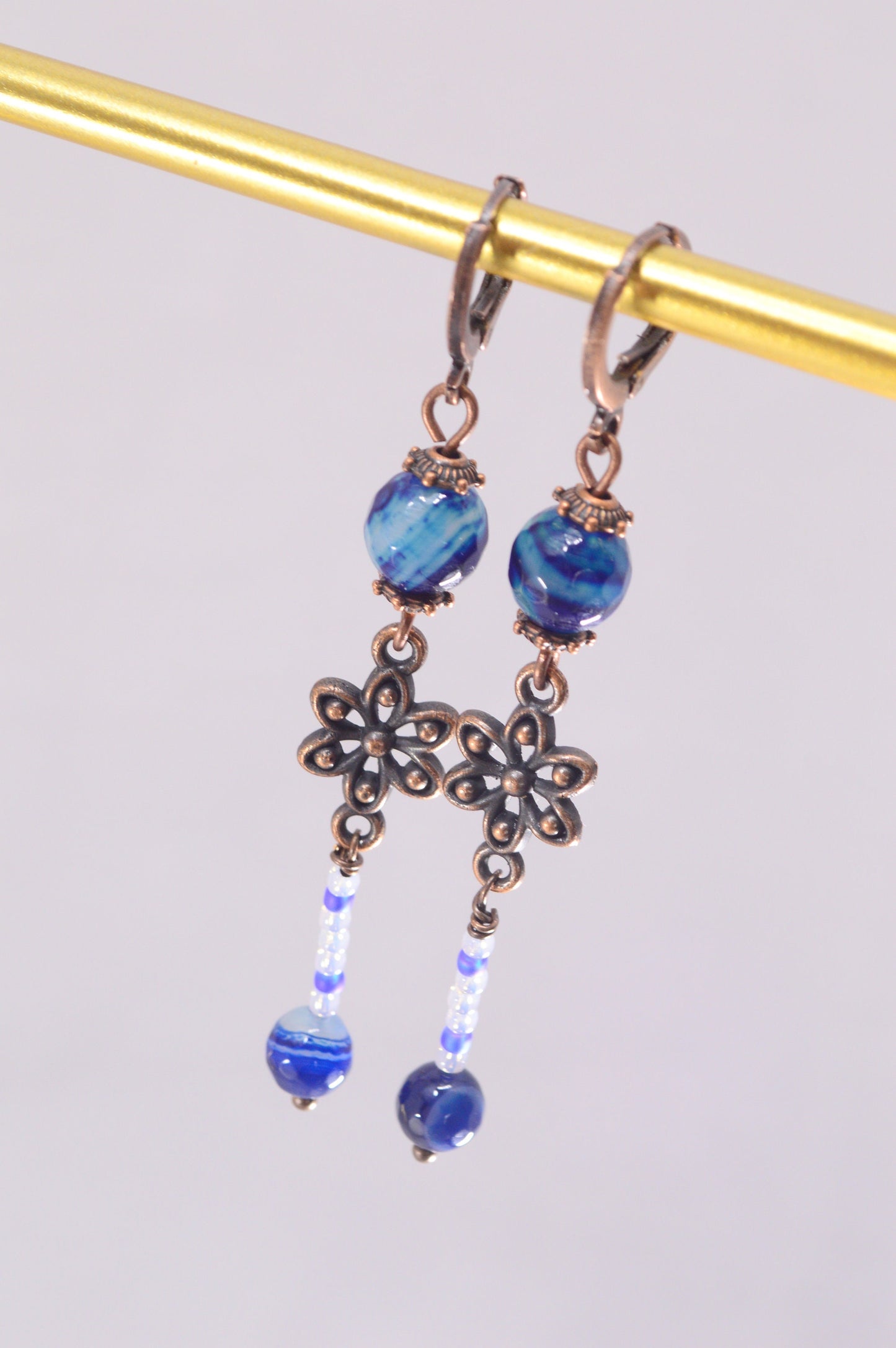 Unique Vintage Fantasy Boho Earrings with Elegant Floral Design, Handmade Agate and Czech Glass Beads. Estibela design. 6.5 cm - 2.4"