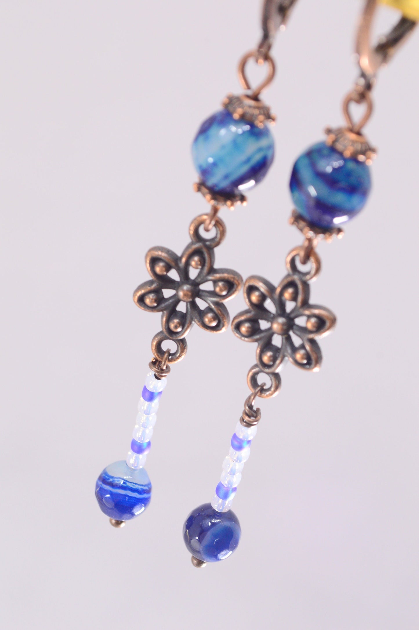 Unique Vintage Fantasy Boho Earrings with Elegant Floral Design, Handmade Agate and Czech Glass Beads. Estibela design. 6.5 cm - 2.4"