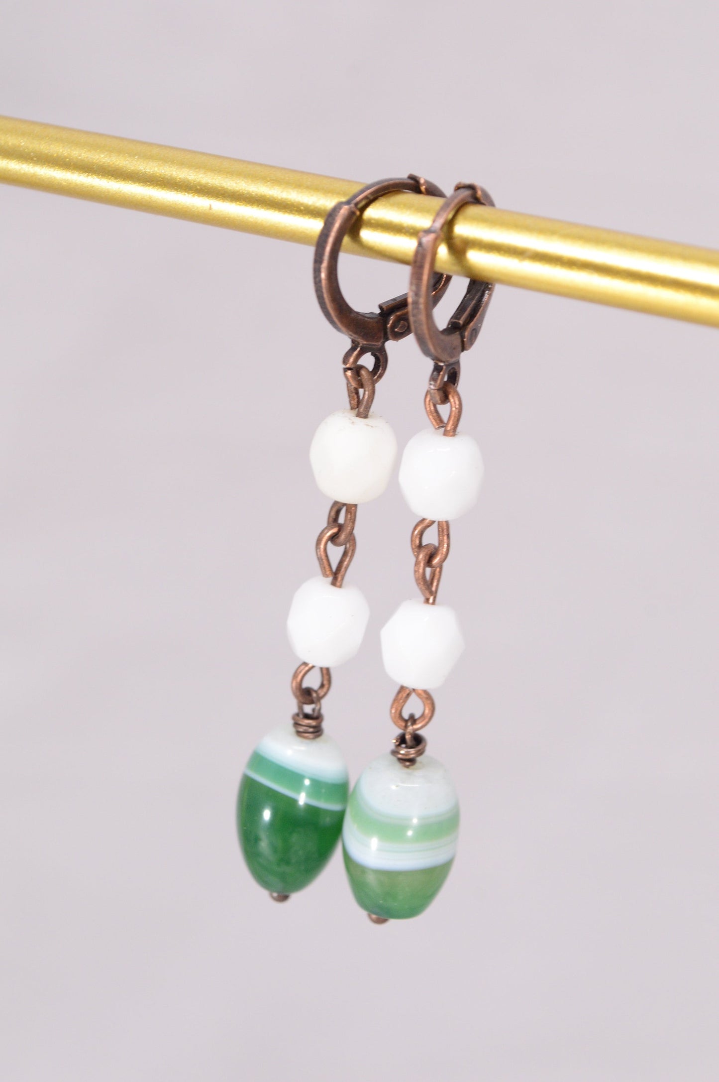 White & Green Cascade Earrings, Copper and agate earrings, One-of-a-kind long earrings,Estibela design, 5.5cm - 2.1"