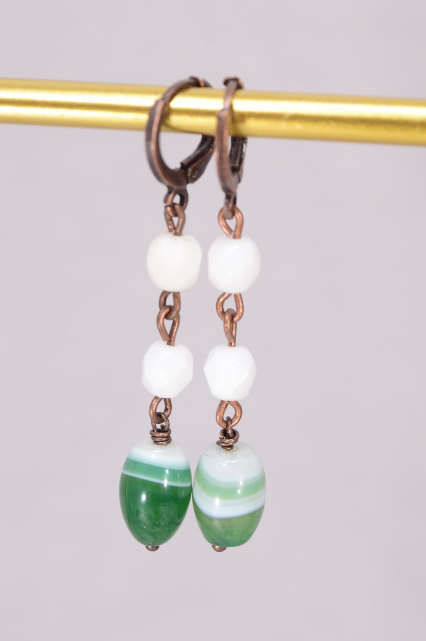 White & Green Cascade Earrings, Copper and agate earrings, One-of-a-kind long earrings,Estibela design, 5.5cm - 2.1"