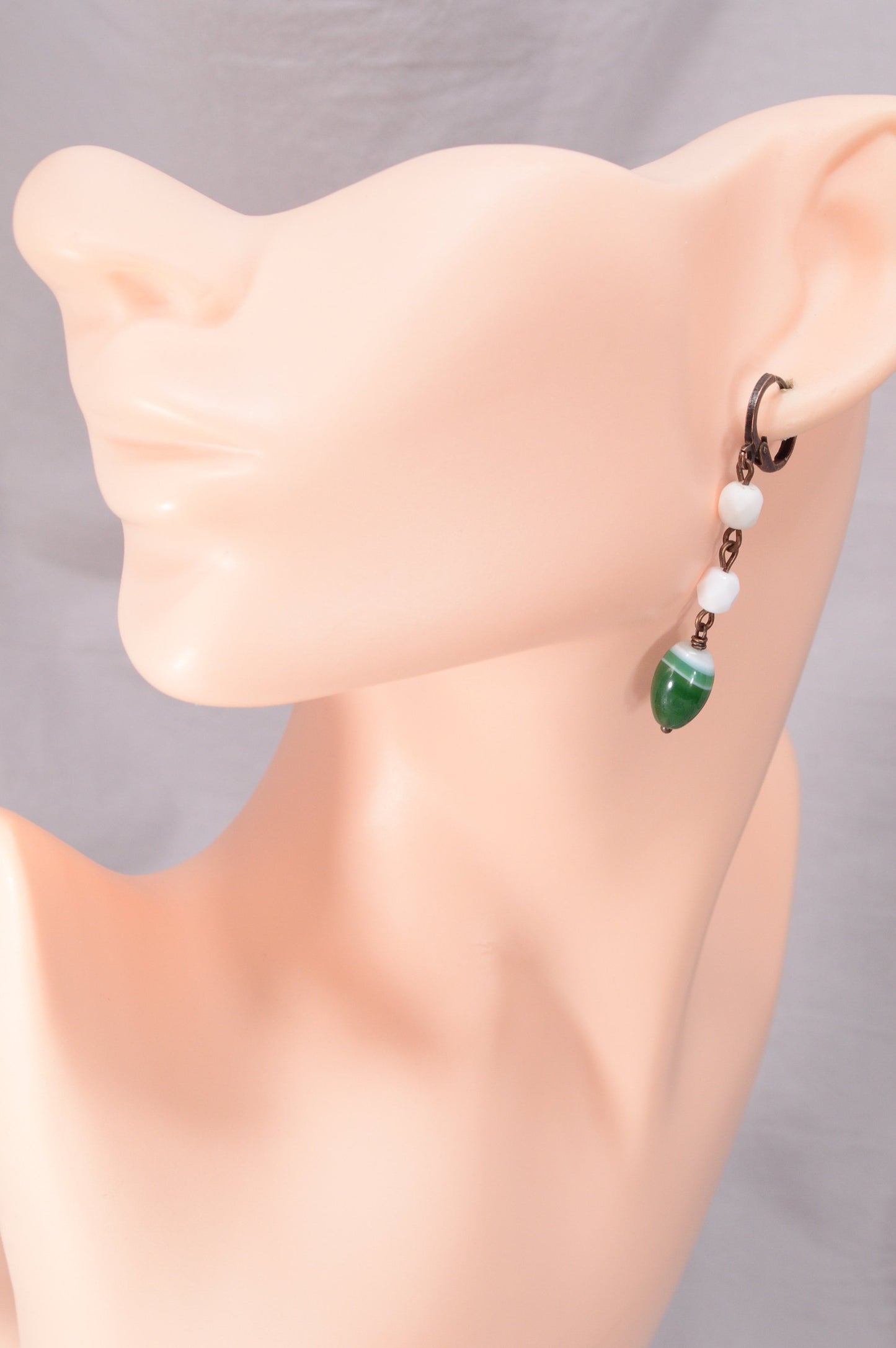 White & Green Cascade Earrings, Copper and agate earrings, One-of-a-kind long earrings,Estibela design, 5.5cm - 2.1"