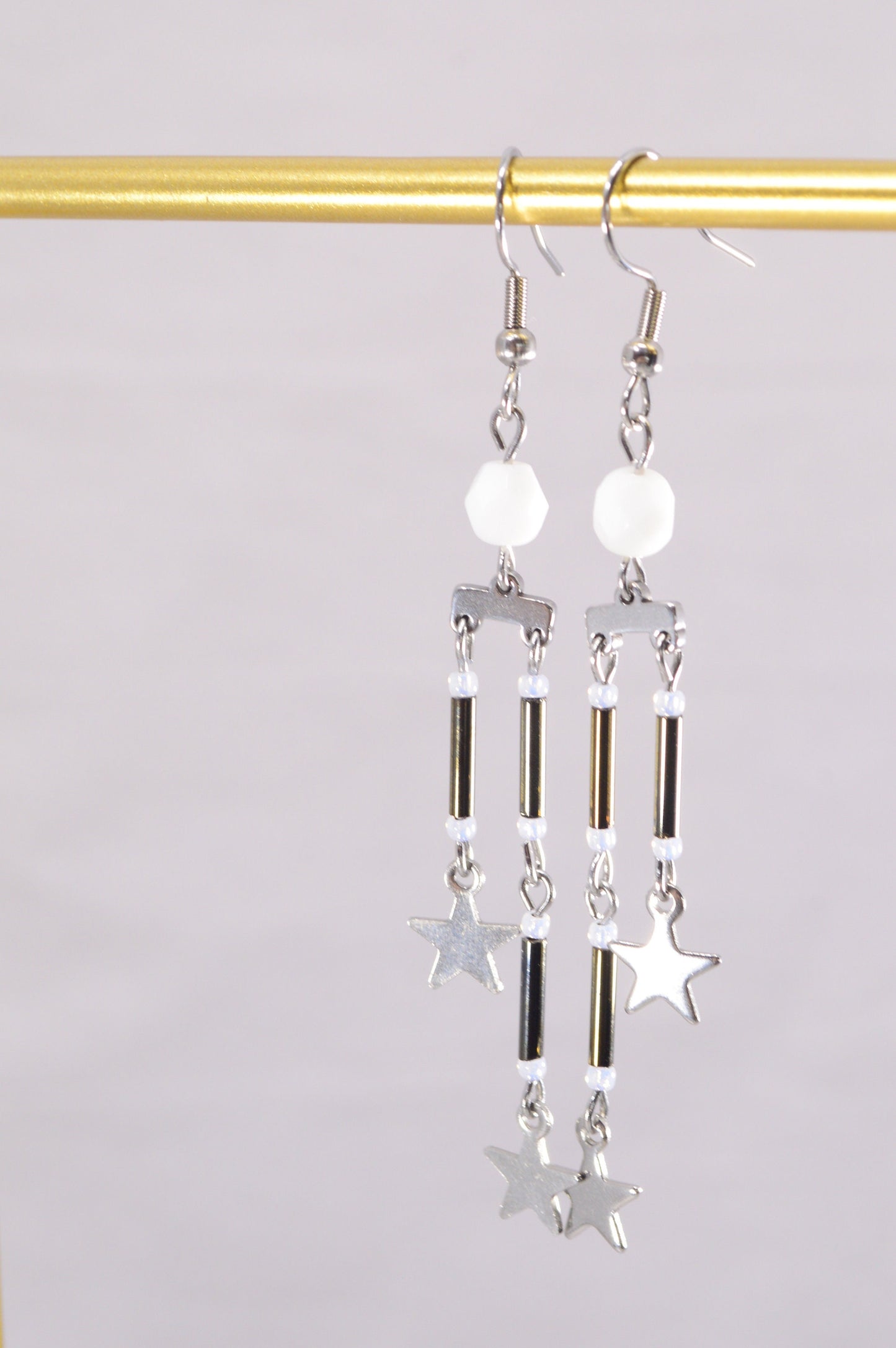 Star Charm Drop Earrings, Lightweight dangle earrings, Modern chic drop earrings, Estibela design. 8cm - 3.1"