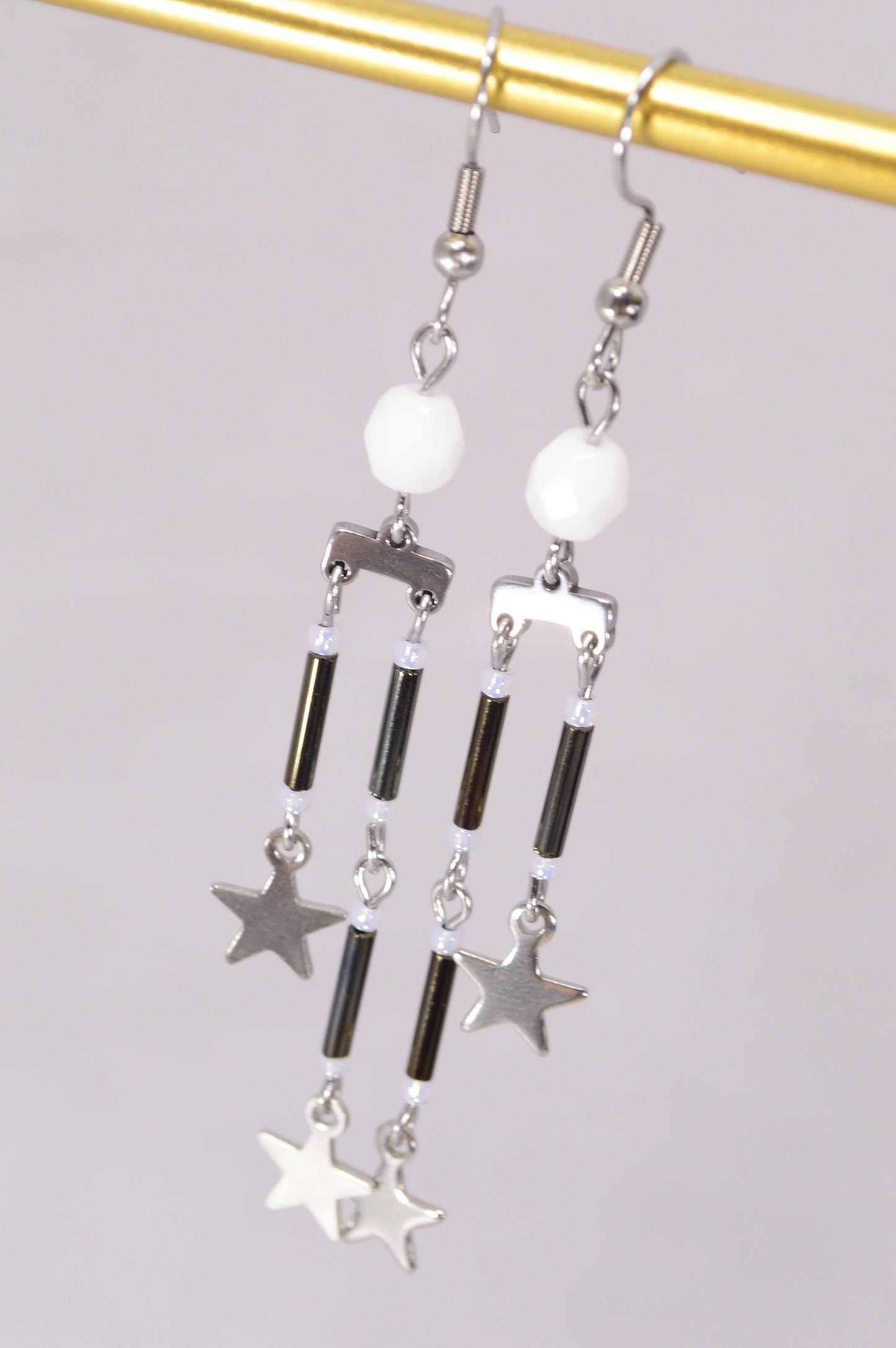 Star Charm Drop Earrings, Lightweight dangle earrings, Modern chic drop earrings, Estibela design. 8cm - 3.1"