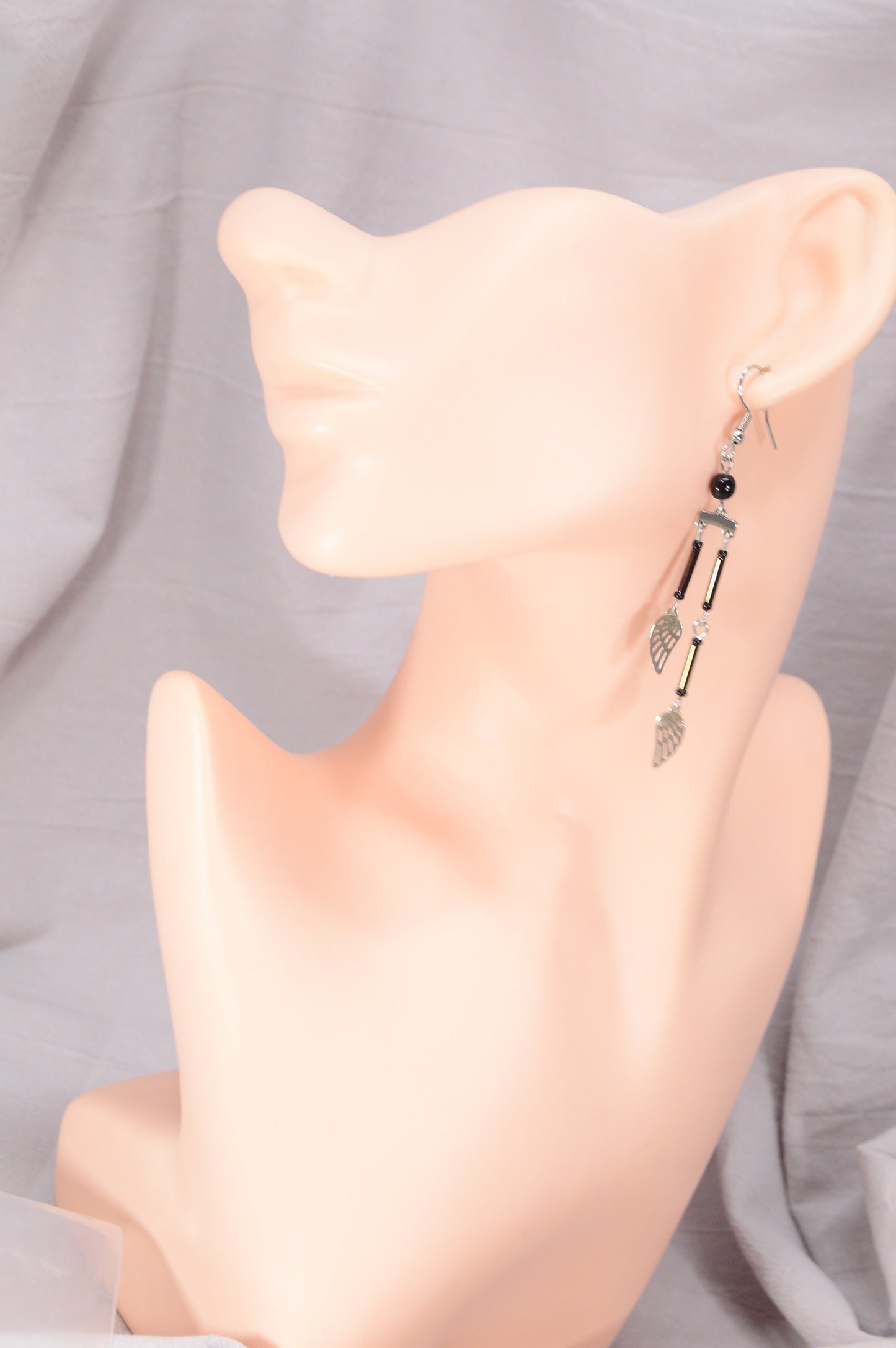 Feather Charm Drop Earrings, Lightweight dangle earrings, Modern chic drop earrings, Estibela design. 8cm - 3.1"