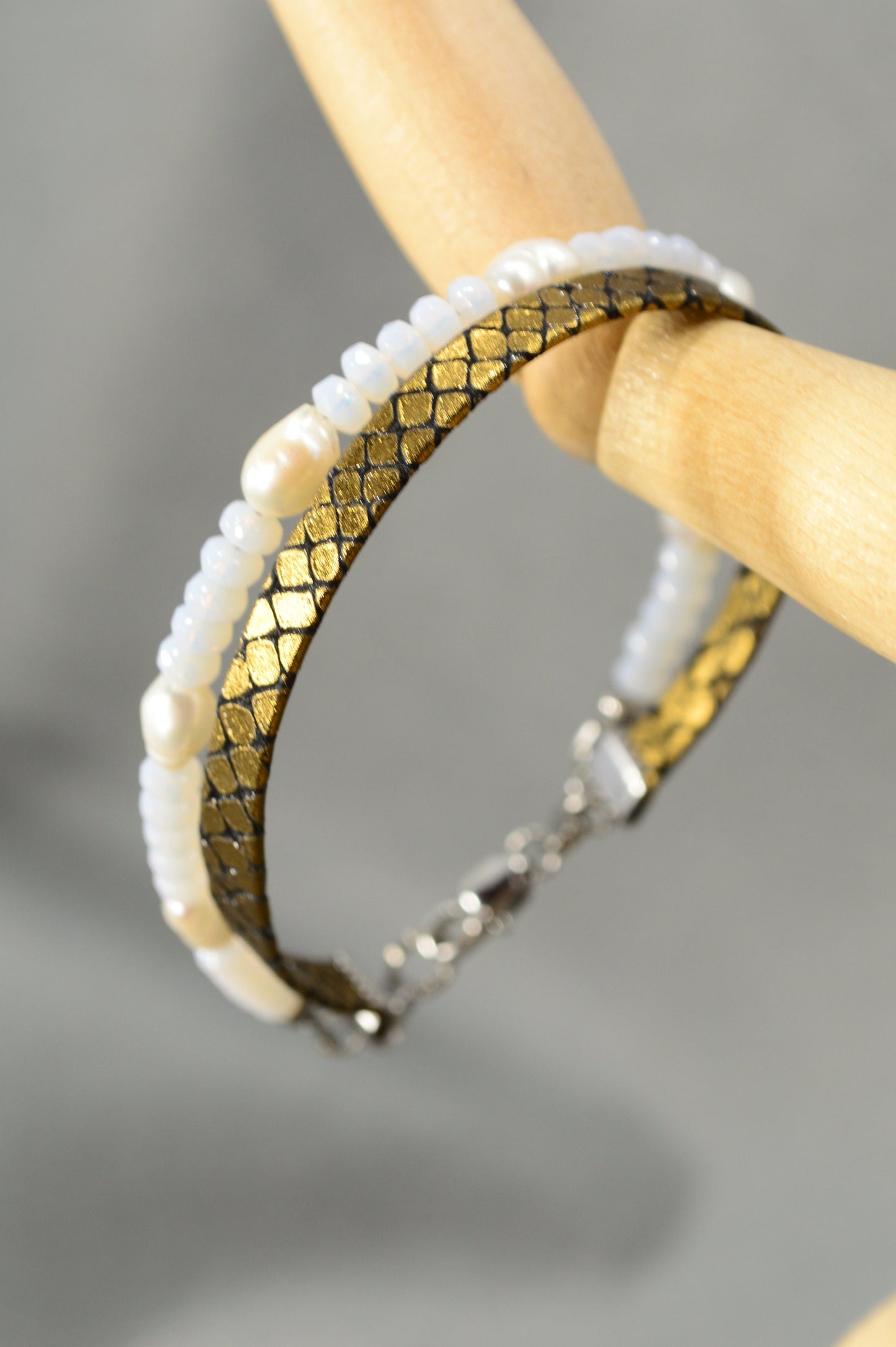 Leather Cord and Snake Skin Effect, Golden Sheen, Stone Beads, Freshwater Pearls, Elegant, Unique, Luxury Gift Accessory. Estibela design.