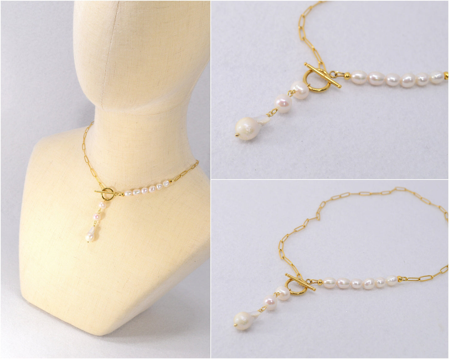 Ibiza Elegance: Pearl Cascade Necklace. Boho-Chic Ibiza-Inspired Handmade Stainless Steel Necklace with Freshwater Pearls.