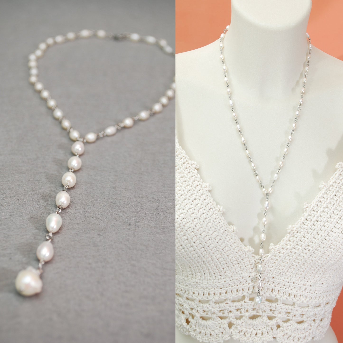 Extra long freshwater pearl beaded Y necklace. Boho style wedding pearl jewelry. Ibiza style wedding necklace. Estibela design.