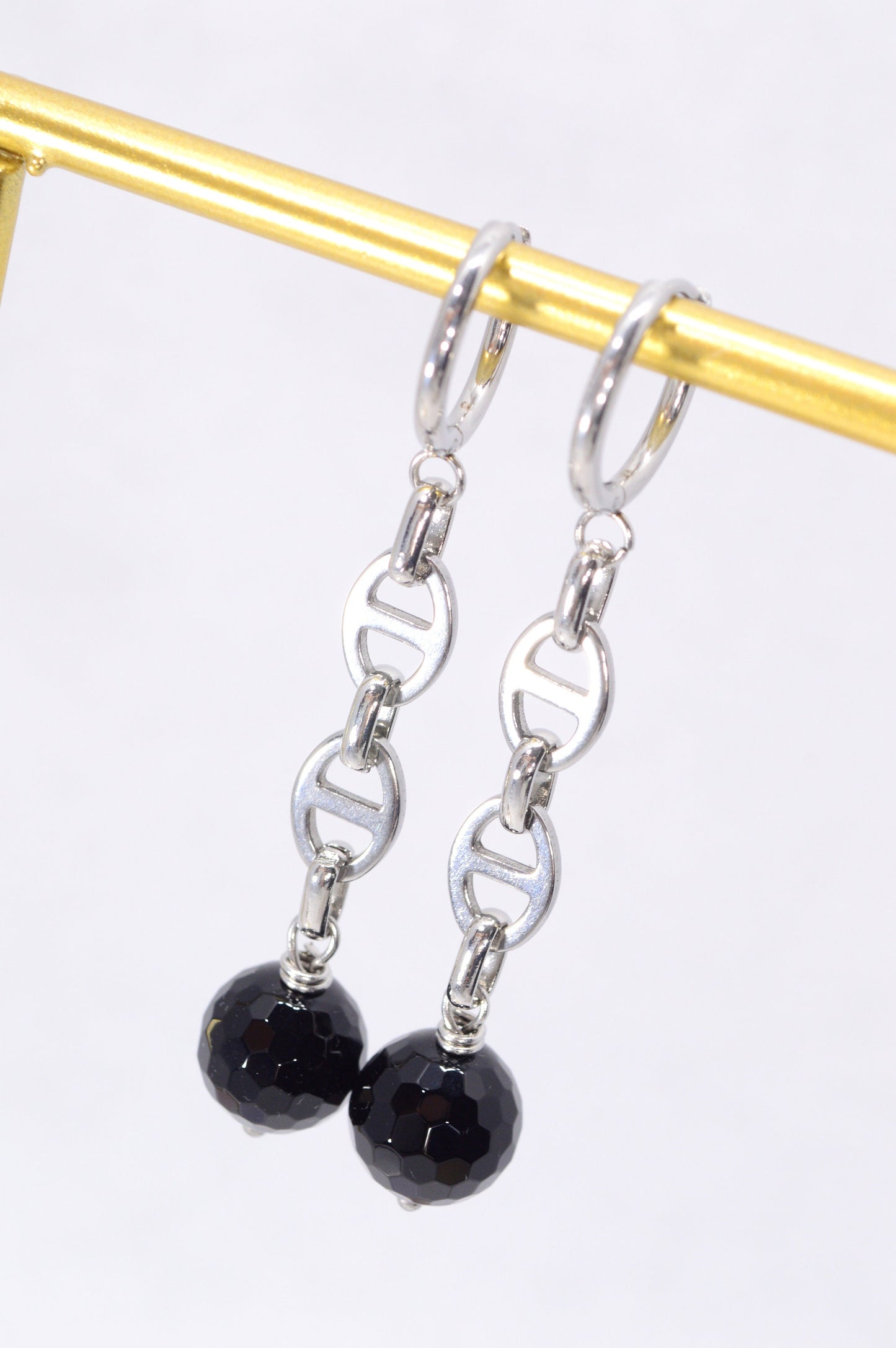 Black onyx earrings with unique Pig Snout Oval Chain Link. Stainless steel earrings. 6cm - 2.2"