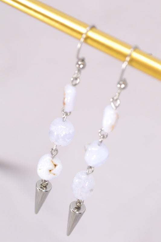 alcedony Stone Spike Earrings: Bohemian Chic Design, 7,5cm 3", Estibela design. Light blue delicate earrings.