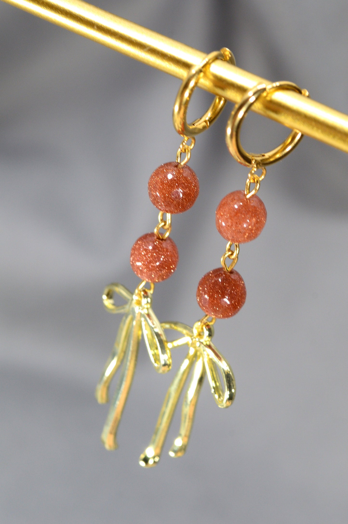 Radiant Elegance Aventurine Earrings. Handmade Aventurine  Earrings with Gold Bow. Elegant Chic  Romantic  Earrings.  7cm - 2.8"