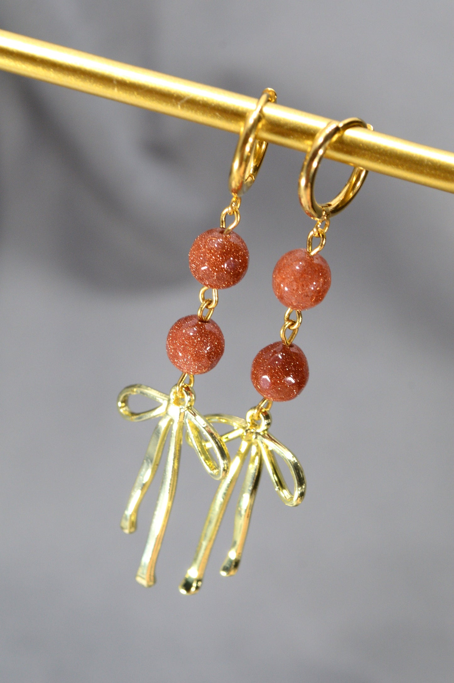 Radiant Elegance Aventurine Earrings. Handmade Aventurine  Earrings with Gold Bow. Elegant Chic  Romantic  Earrings.  7cm - 2.8"