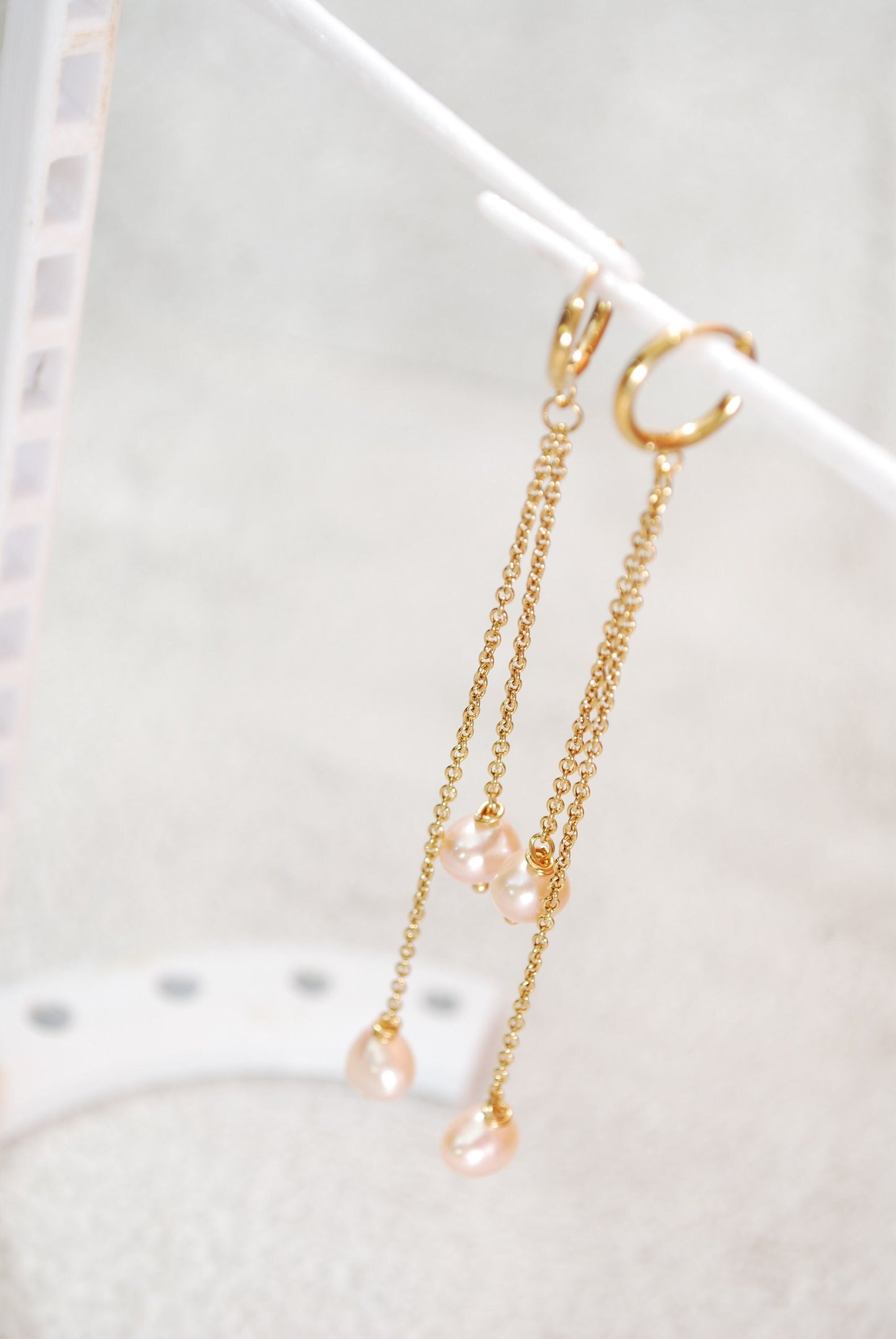 Long freshwater pearl & gold chain earrings, wedding bride jewelry, Estibela design, 11cm - 4 1/3"