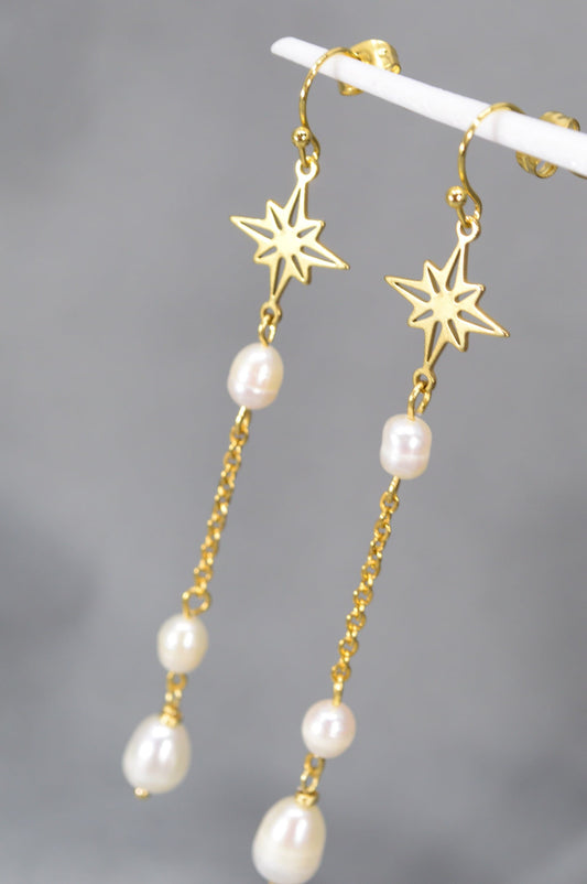 Stainless Steel Gold Earrings with Pearls and Star by Estibela Design for Weddings, Graduations, Beach Parties, and Glamorous Events.